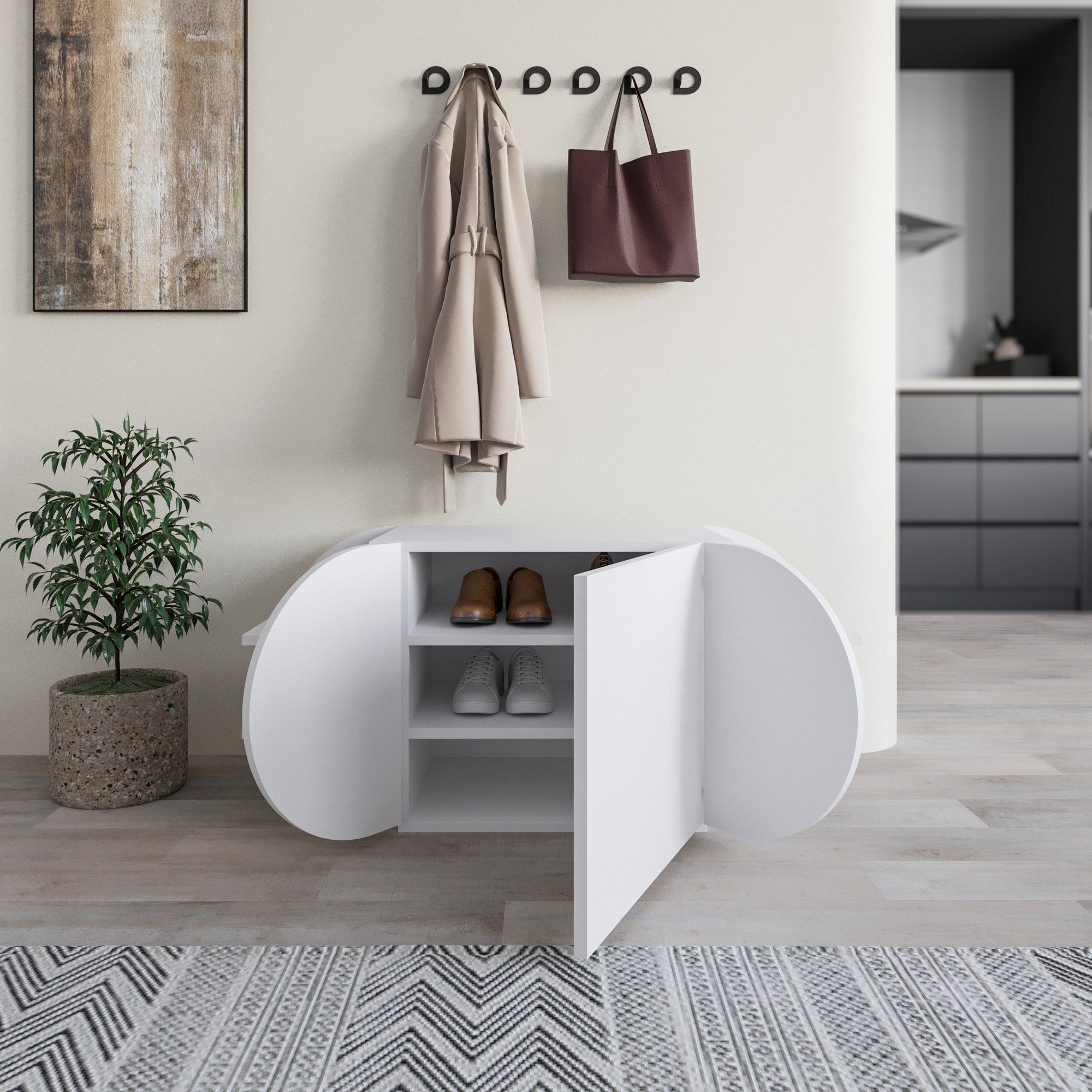 Elegante sapateira branca, 110 cm x 50 cm x 40,4 cm | Painel de partículas 100% revestido em melamina, 18 mm de espessura | Dobradiças de fechamento suave, capacidade para 80 kg, design moderno