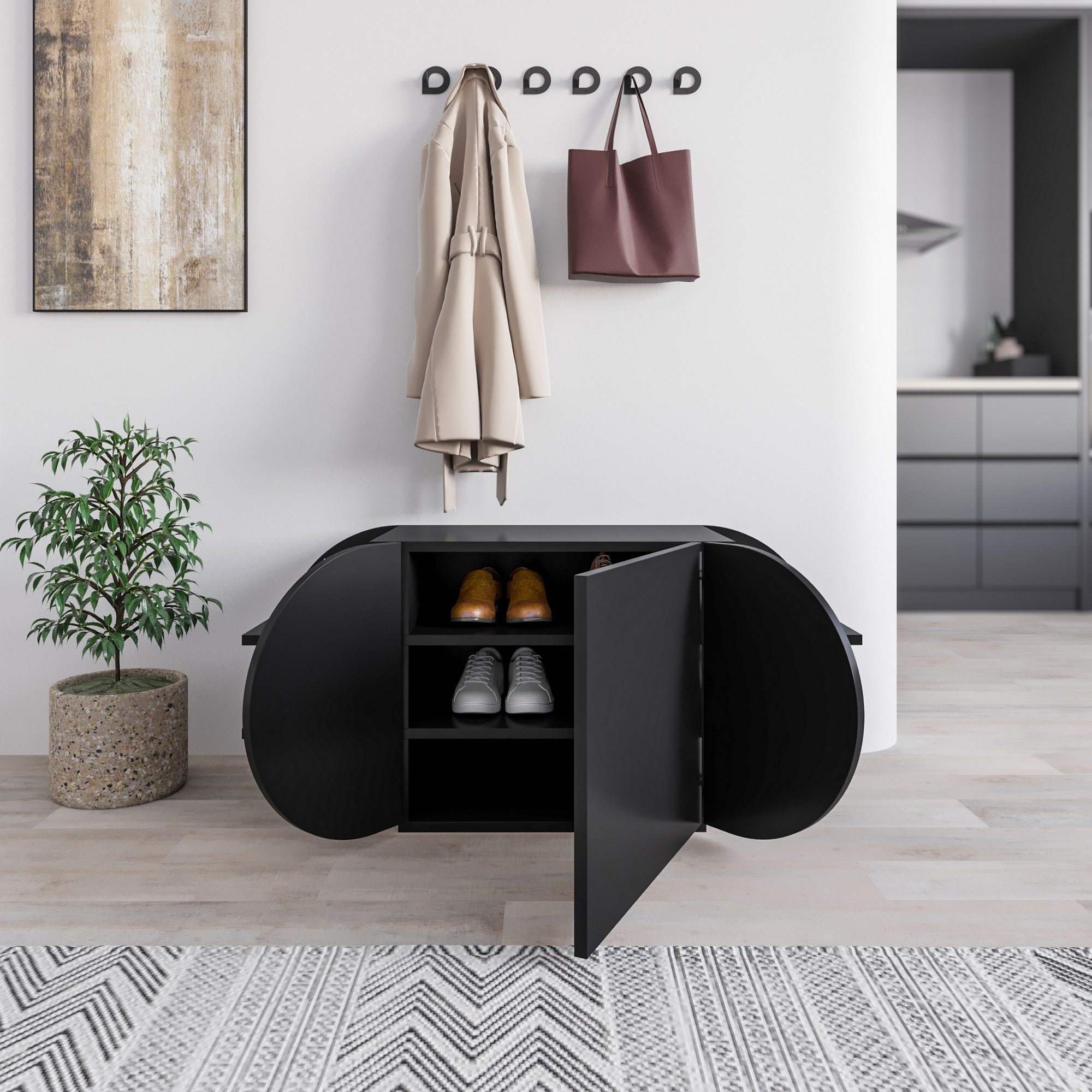 Elegante sapateira preta, 110 cm x 50 cm x 40,4 cm | Painel de partículas 100% revestido em melamina, 18 mm de espessura | Dobradiças de fechamento suave, capacidade para 80 kg, design moderno