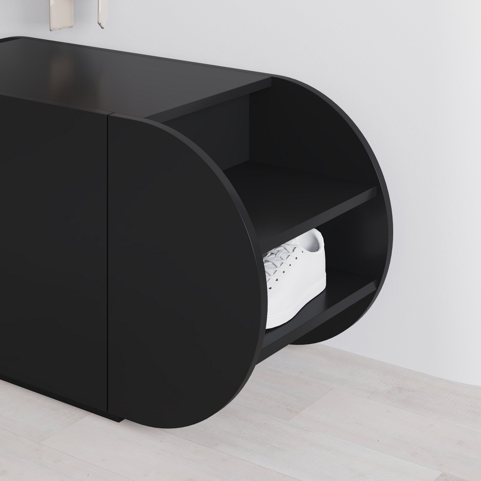 Elegante sapateira preta, 110 cm x 50 cm x 40,4 cm | Painel de partículas 100% revestido em melamina, 18 mm de espessura | Dobradiças de fechamento suave, capacidade para 80 kg, design moderno