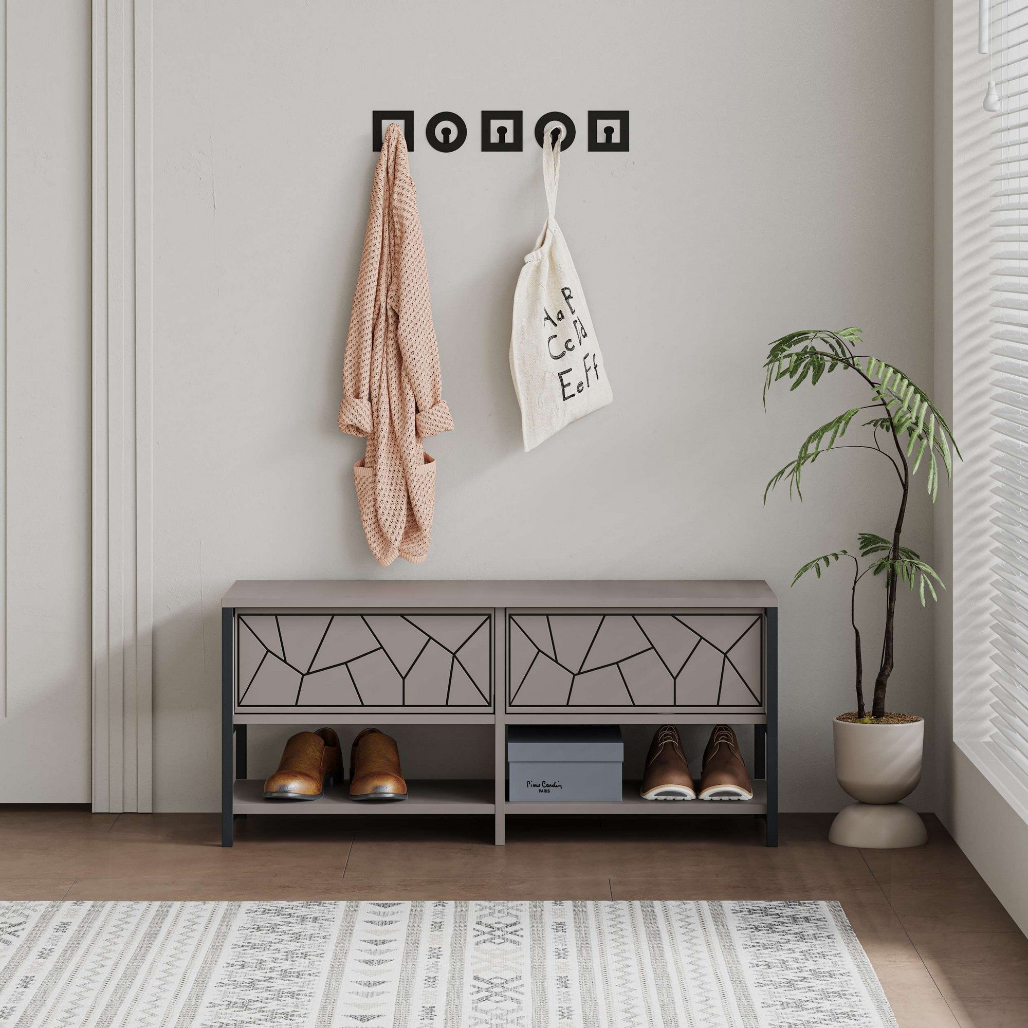 Sapateira estilosa, cor mocha claro, 105 x 47 x 37 cm | Painel de partículas 100% revestido em melamina, 18 mm de espessura, pés de metal, montagem na parede, prateleiras amplas