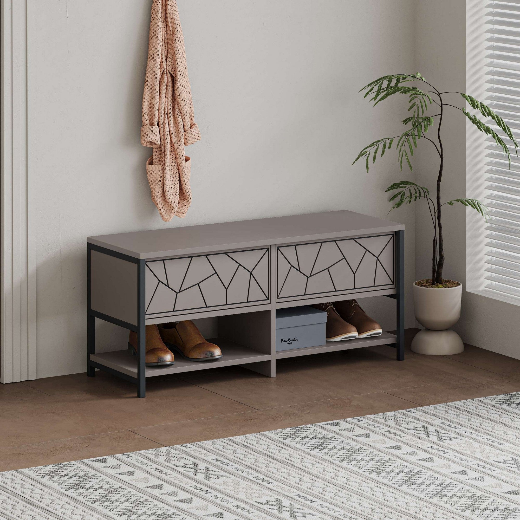 Sapateira estilosa, cor mocha claro, 105 x 47 x 37 cm | Painel de partículas 100% revestido em melamina, 18 mm de espessura, pés de metal, montagem na parede, prateleiras amplas