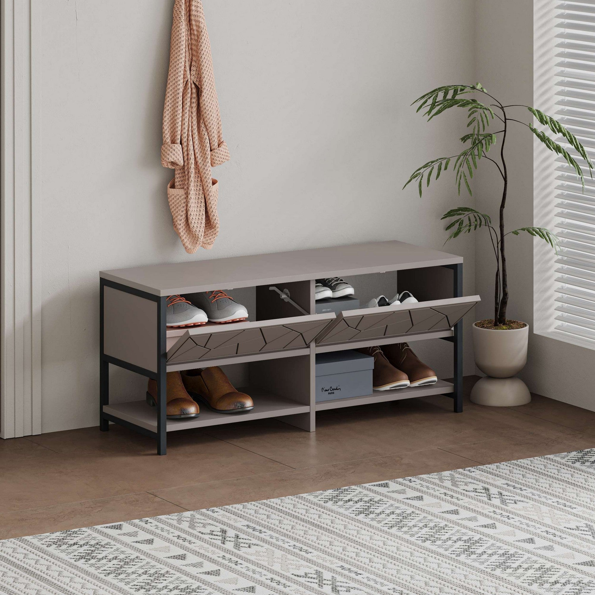 Sapateira estilosa, cor mocha claro, 105 x 47 x 37 cm | Painel de partículas 100% revestido em melamina, 18 mm de espessura, pés de metal, montagem na parede, prateleiras amplas