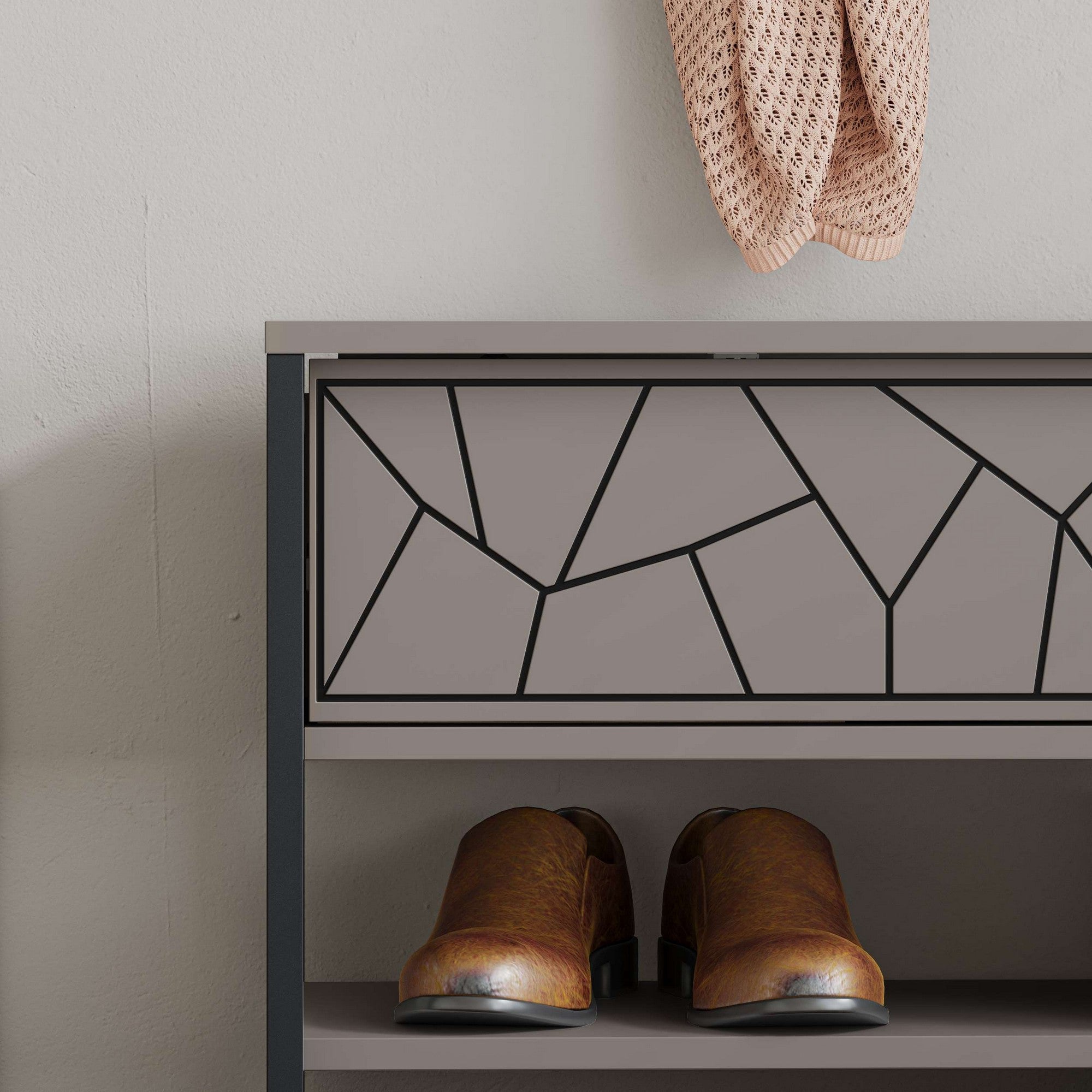 Sapateira estilosa, cor mocha claro, 105 x 47 x 37 cm | Painel de partículas 100% revestido em melamina, 18 mm de espessura, pés de metal, montagem na parede, prateleiras amplas