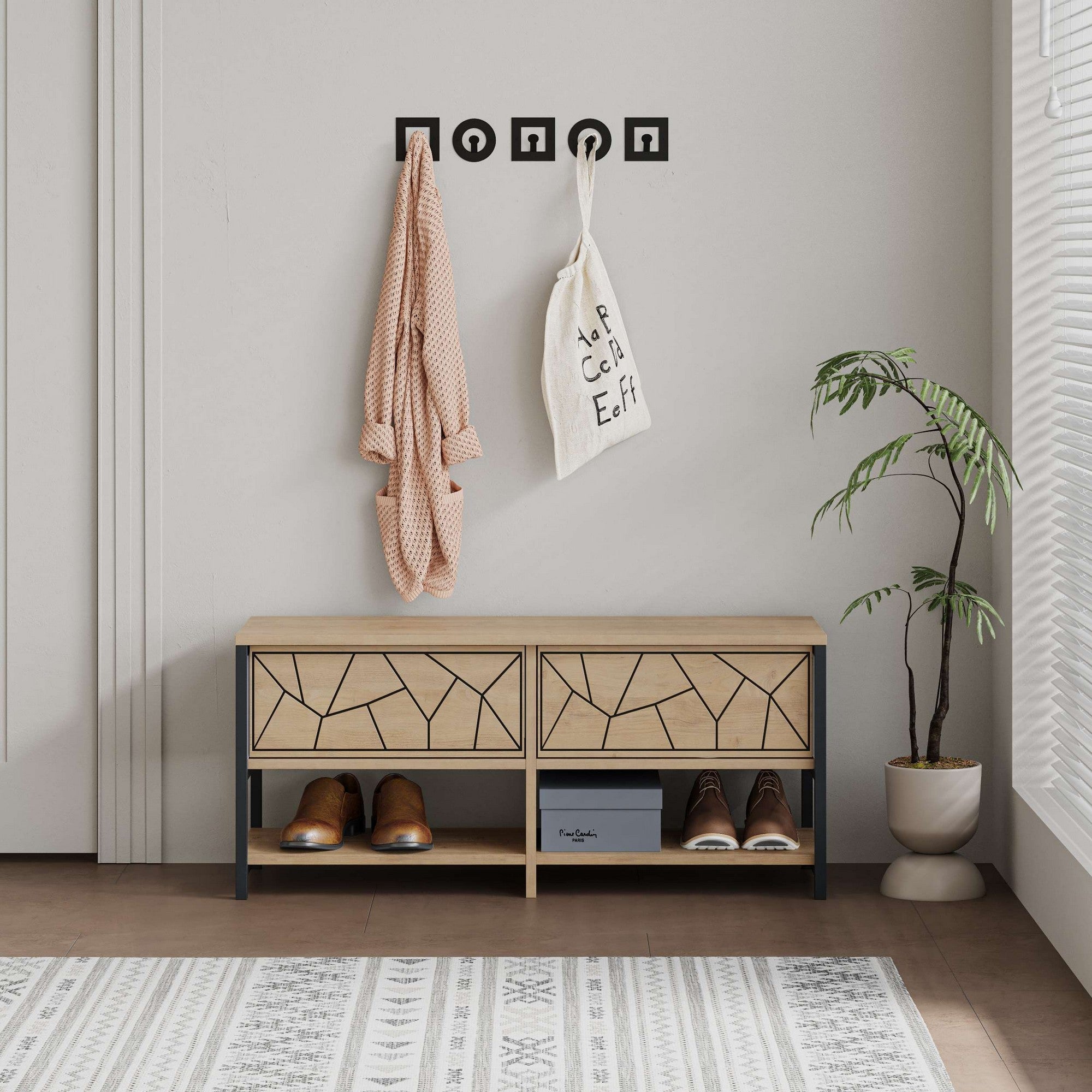 Sapateira com pés de metal, safira e carvalho, 105 x 47 x 37 cm | Painel de partículas 100% revestido de melamina, 18 mm de espessura | Solução de armazenamento elegante e montável na parede