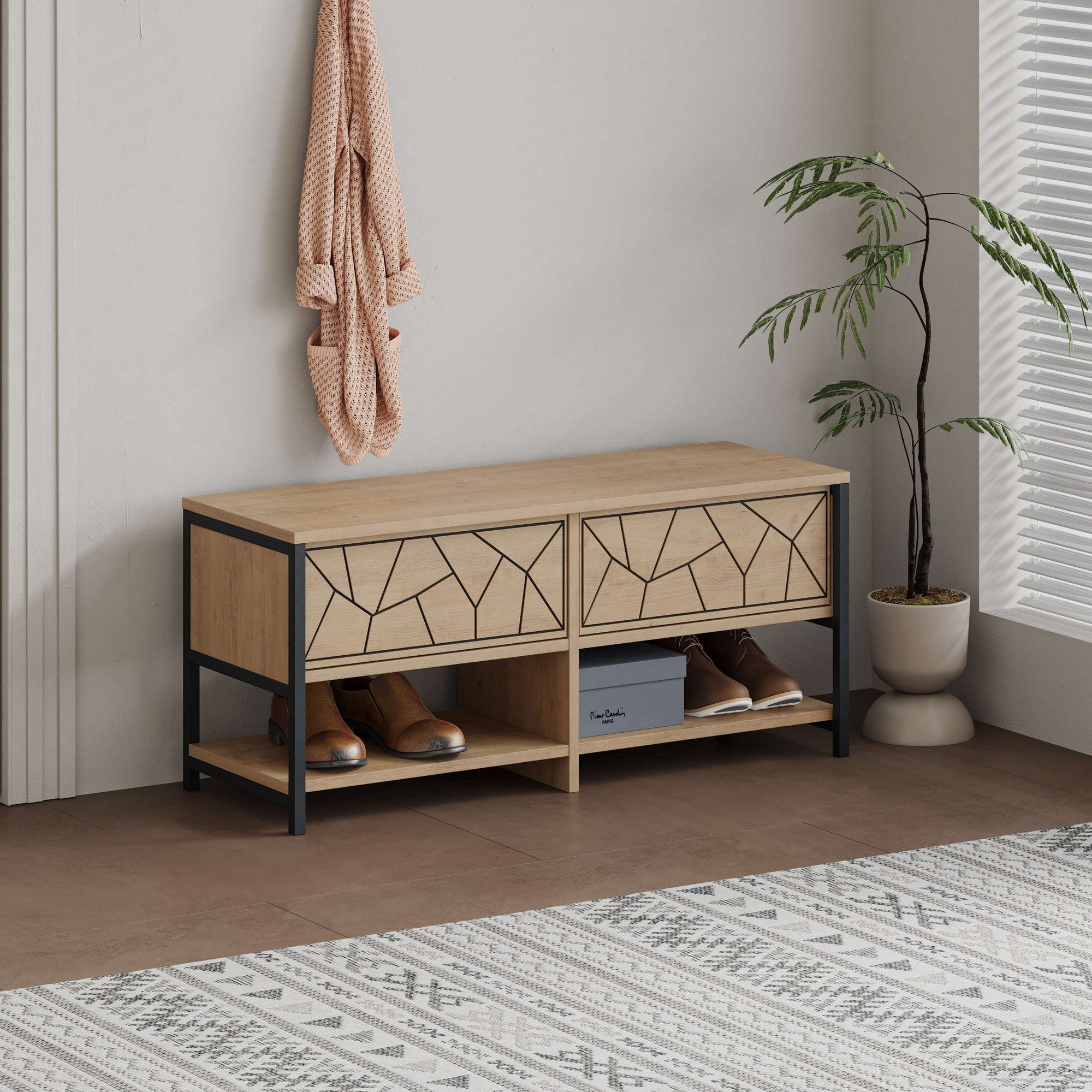 Sapateira com pés de metal, safira e carvalho, 105 x 47 x 37 cm | Painel de partículas 100% revestido de melamina, 18 mm de espessura | Solução de armazenamento elegante e montável na parede
