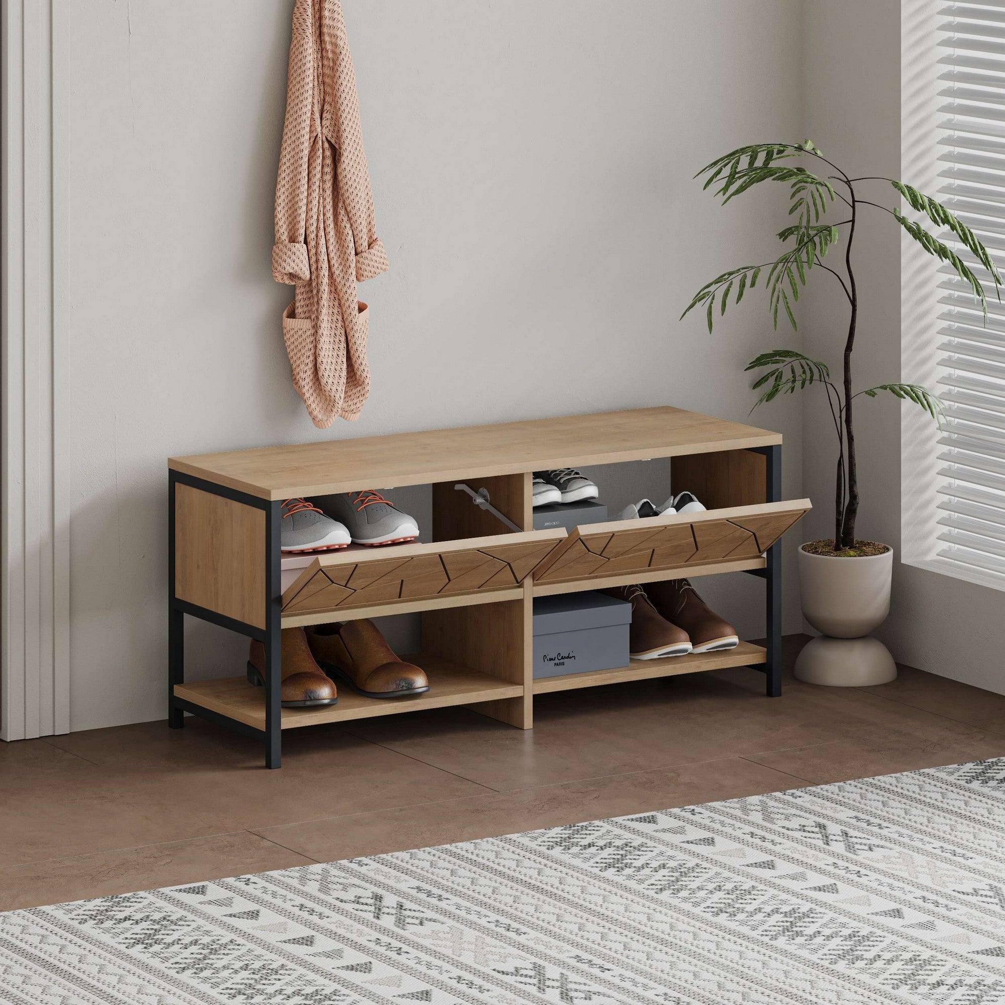 Sapateira com pés de metal, safira e carvalho, 105 x 47 x 37 cm | Painel de partículas 100% revestido de melamina, 18 mm de espessura | Solução de armazenamento elegante e montável na parede