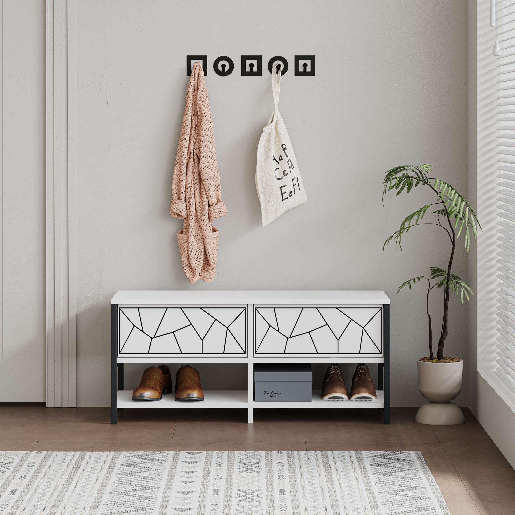 Elegante sapateira branca, 105 cm de largura, 47 cm de altura, 37 cm de profundidade | 100% revestida em melamina, pés de metal, montável na parede, várias prateleiras | Solução de armazenamento moderna