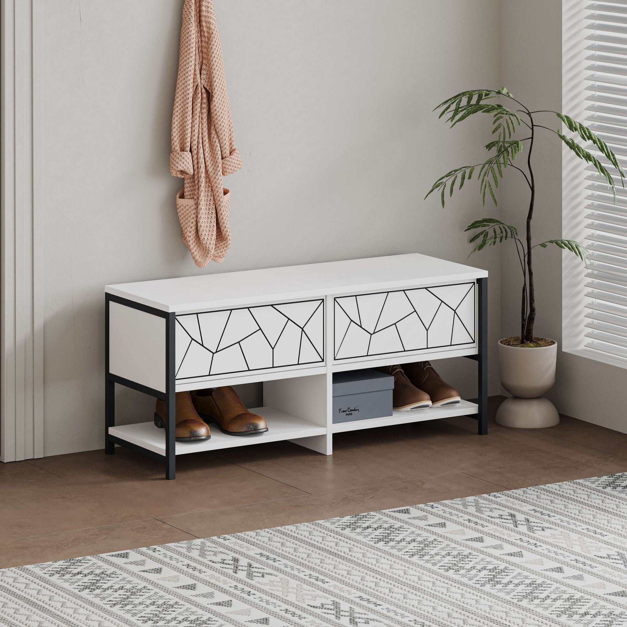 Elegante sapateira branca, 105 cm de largura, 47 cm de altura, 37 cm de profundidade | 100% revestida em melamina, pés de metal, montável na parede, várias prateleiras | Solução de armazenamento moderna