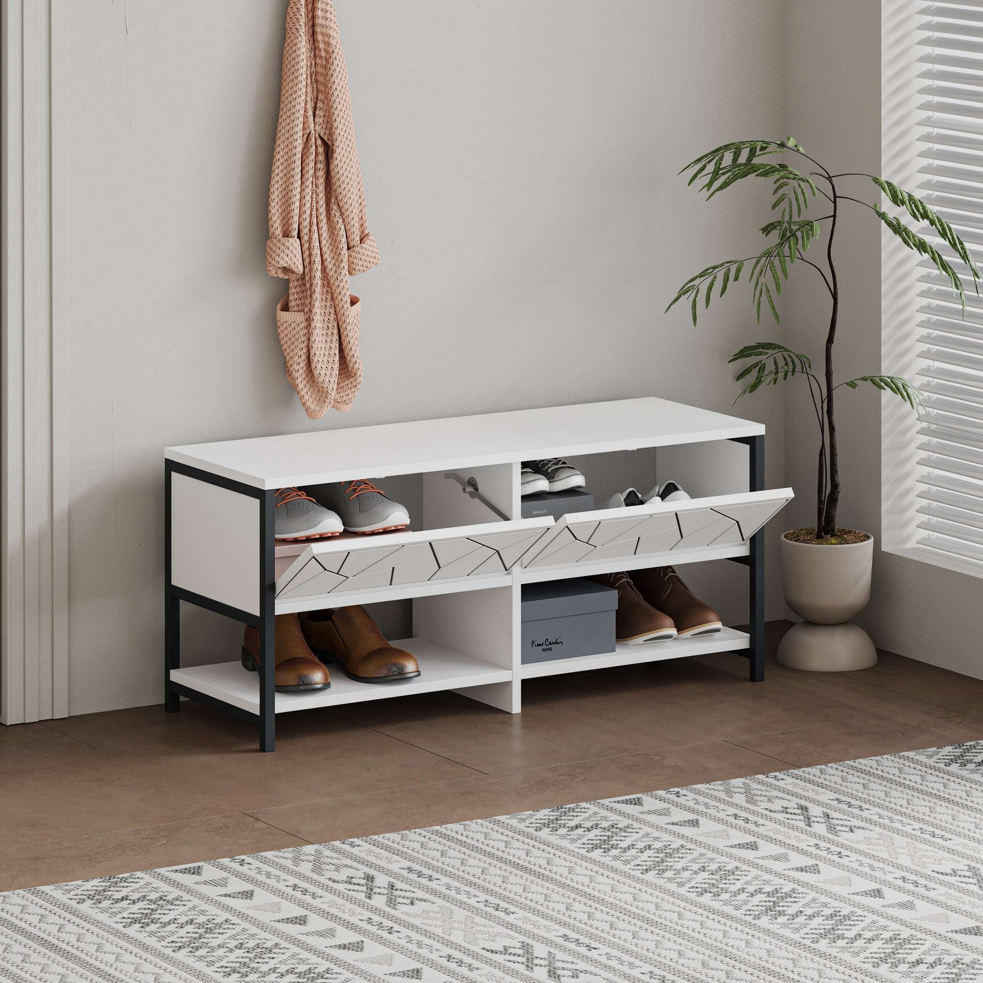 Elegante sapateira branca, 105 cm de largura, 47 cm de altura, 37 cm de profundidade | 100% revestida em melamina, pés de metal, montável na parede, várias prateleiras | Solução de armazenamento moderna