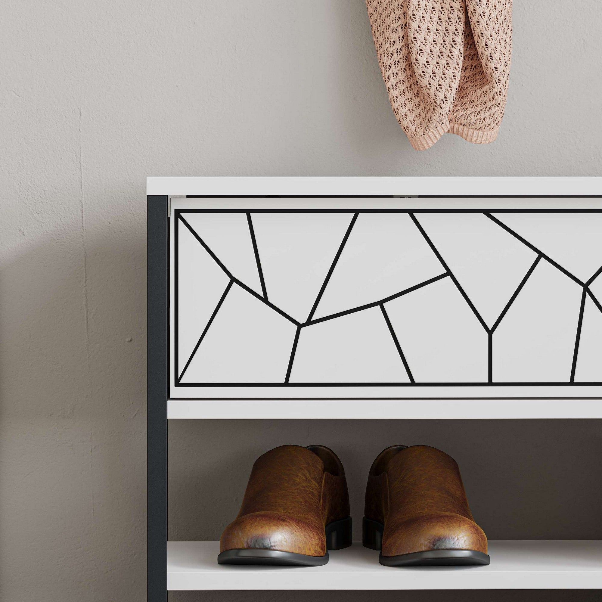 Elegante sapateira branca, 105 cm de largura, 47 cm de altura, 37 cm de profundidade | 100% revestida em melamina, pés de metal, montável na parede, várias prateleiras | Solução de armazenamento moderna