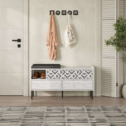 Elegante sapateira branca com pés de metal, 111 cm de largura | Painel de partículas 100% revestido em melamina, 18 mm de espessura | Montável na parede, várias prateleiras para armazenamento organizado