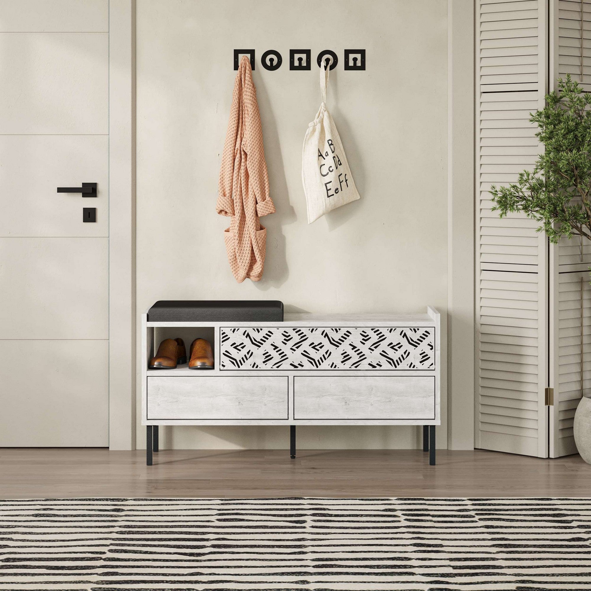 Elegante sapateira branca com pés de metal, 111 cm de largura | Painel de partículas 100% revestido em melamina, 18 mm de espessura | Montável na parede, várias prateleiras para armazenamento organizado