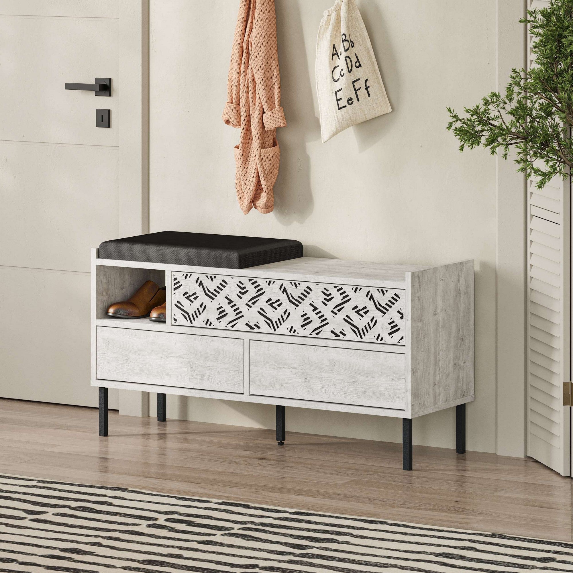 Elegante sapateira branca com pés de metal, 111 cm de largura | Painel de partículas 100% revestido em melamina, 18 mm de espessura | Montável na parede, várias prateleiras para armazenamento organizado
