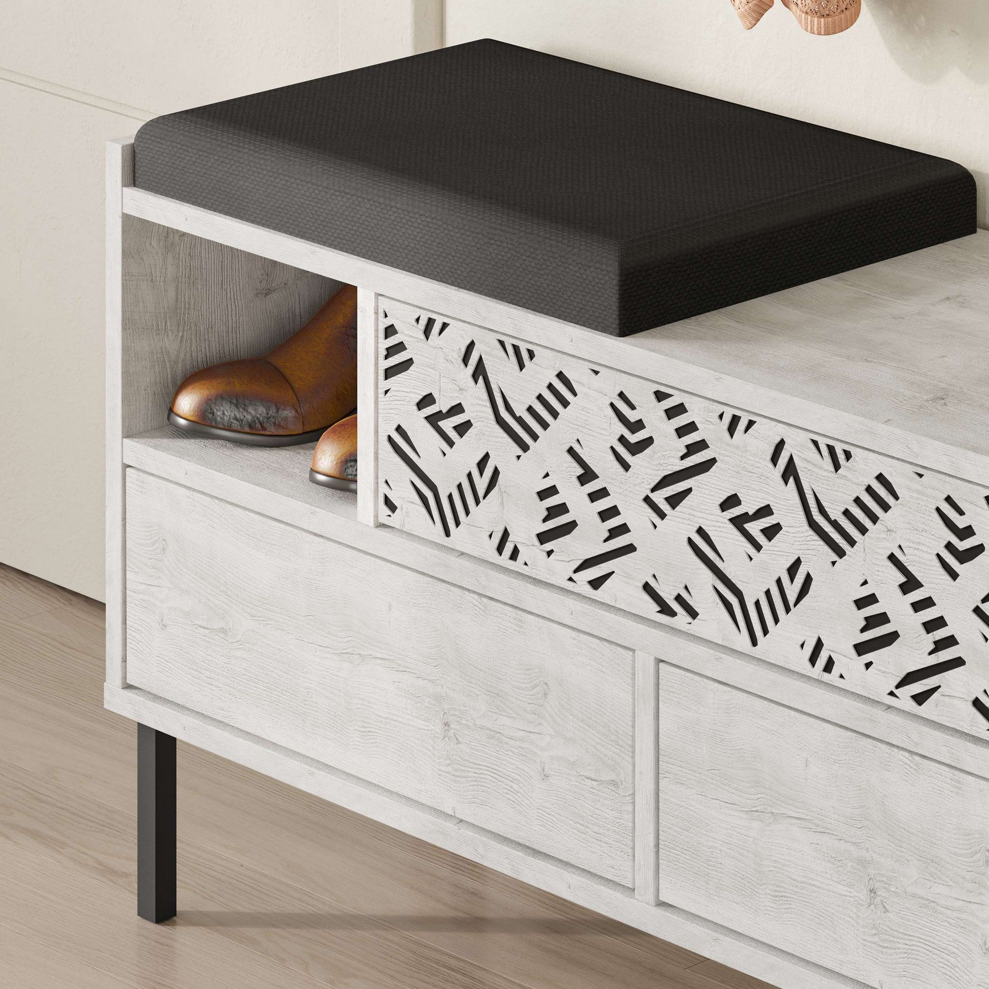 Elegante sapateira branca com pés de metal, 111 cm de largura | Painel de partículas 100% revestido em melamina, 18 mm de espessura | Montável na parede, várias prateleiras para armazenamento organizado