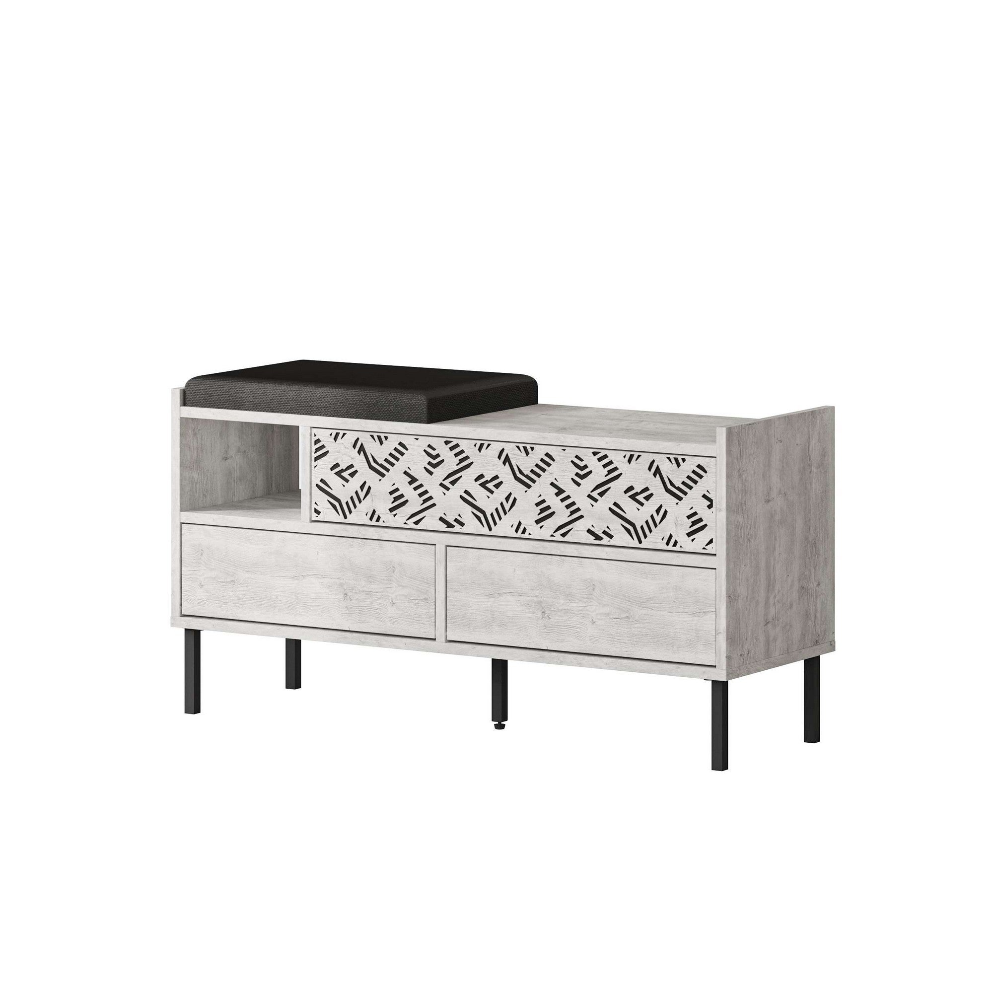 Elegante sapateira branca com pés de metal, 111 cm de largura | Painel de partículas 100% revestido em melamina, 18 mm de espessura | Montável na parede, várias prateleiras para armazenamento organizado