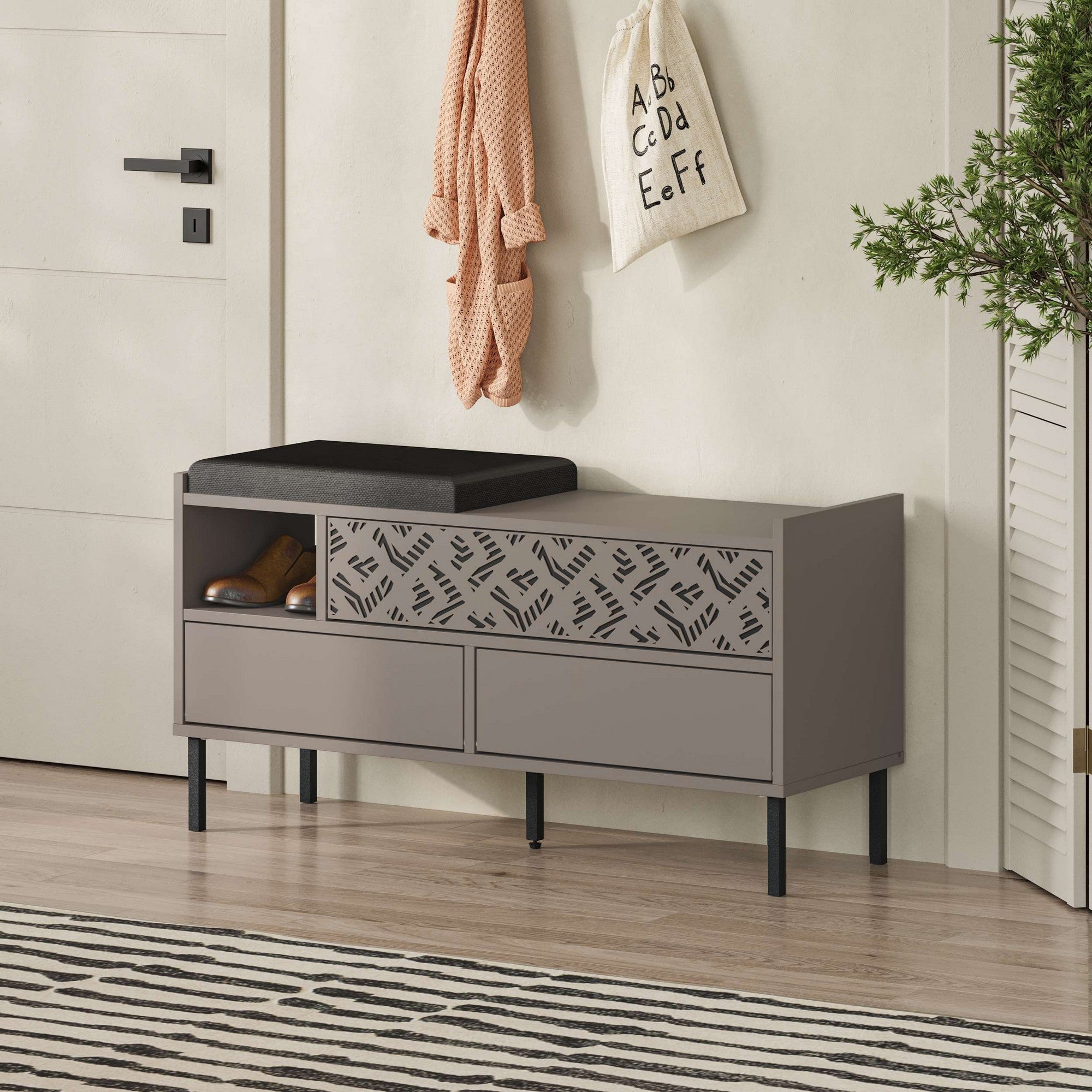 Sapateira Mocha Claro com Pés de Metal, 111 x 56,5 x 37 cm | Painel de Partículas 100% Revestido com Melamina, 18 mm de Espessura | Solução de Armazenamento Elegante e Montável na Parede