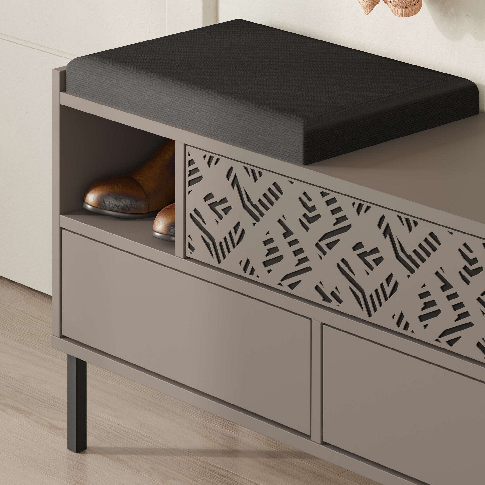 Sapateira Mocha Claro com Pés de Metal, 111 x 56,5 x 37 cm | Painel de Partículas 100% Revestido com Melamina, 18 mm de Espessura | Solução de Armazenamento Elegante e Montável na Parede