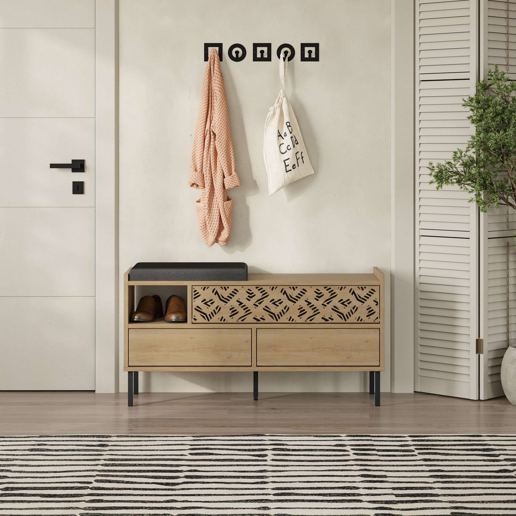 Sapateira com pés de metal, safira e carvalho, 111 x 56,5 x 37 cm | Painel de partículas 100% revestido de melamina, 18 mm de espessura | Solução de armazenamento elegante e montável na parede