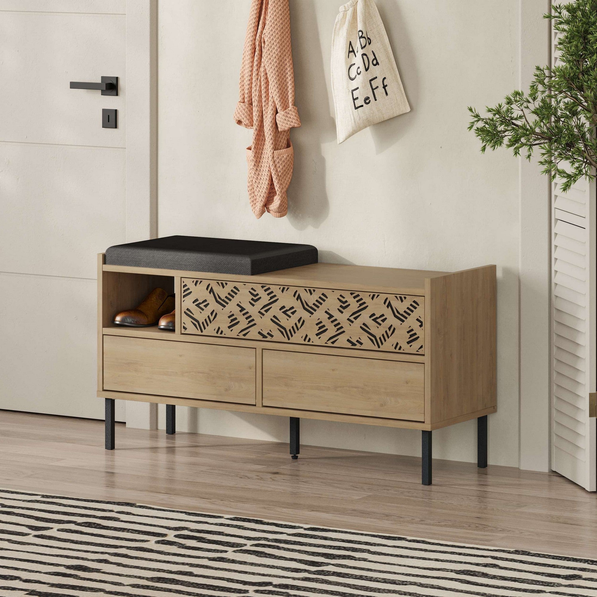 Sapateira com pés de metal, safira e carvalho, 111 x 56,5 x 37 cm | Painel de partículas 100% revestido de melamina, 18 mm de espessura | Solução de armazenamento elegante e montável na parede