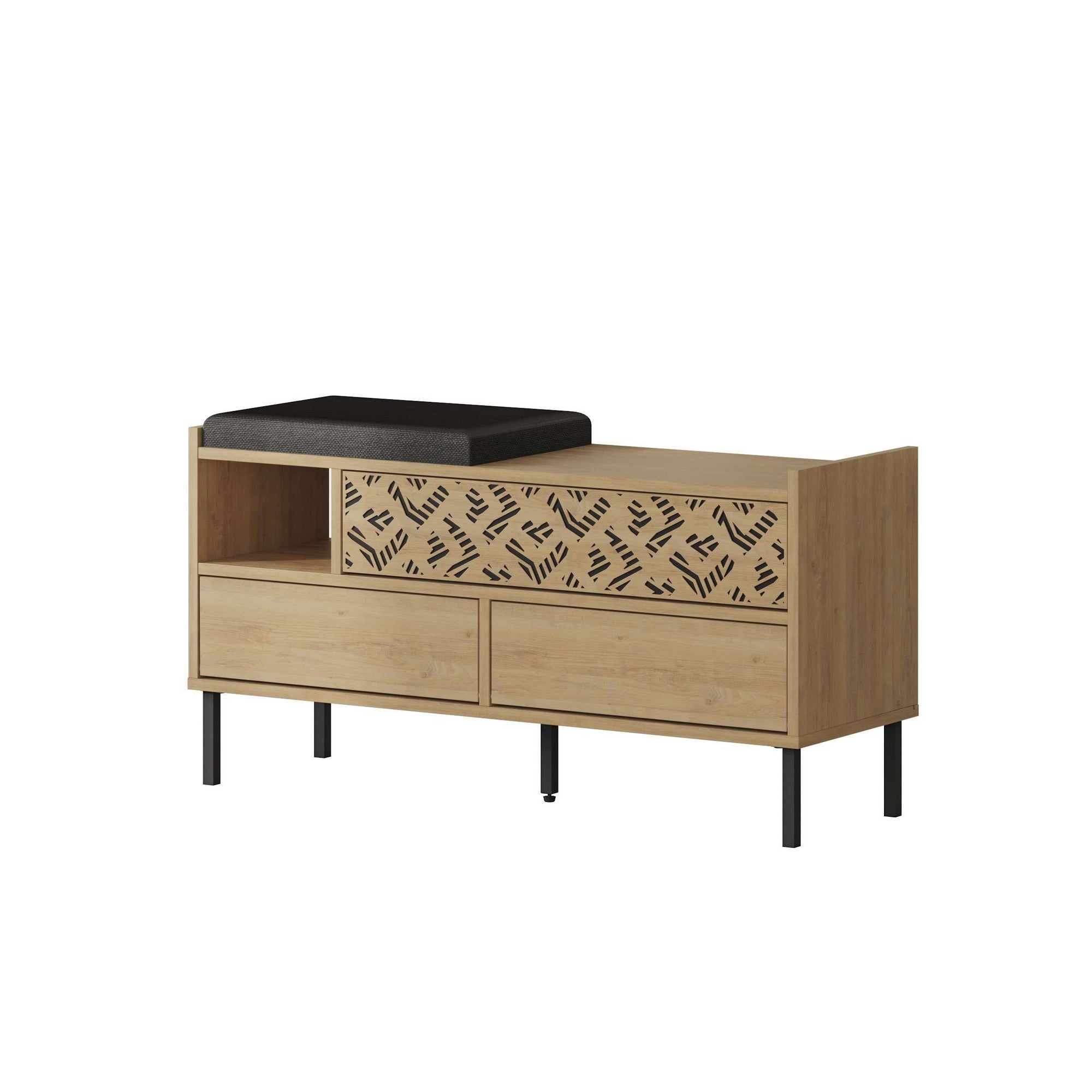 Sapateira com pés de metal, safira e carvalho, 111 x 56,5 x 37 cm | Painel de partículas 100% revestido de melamina, 18 mm de espessura | Solução de armazenamento elegante e montável na parede