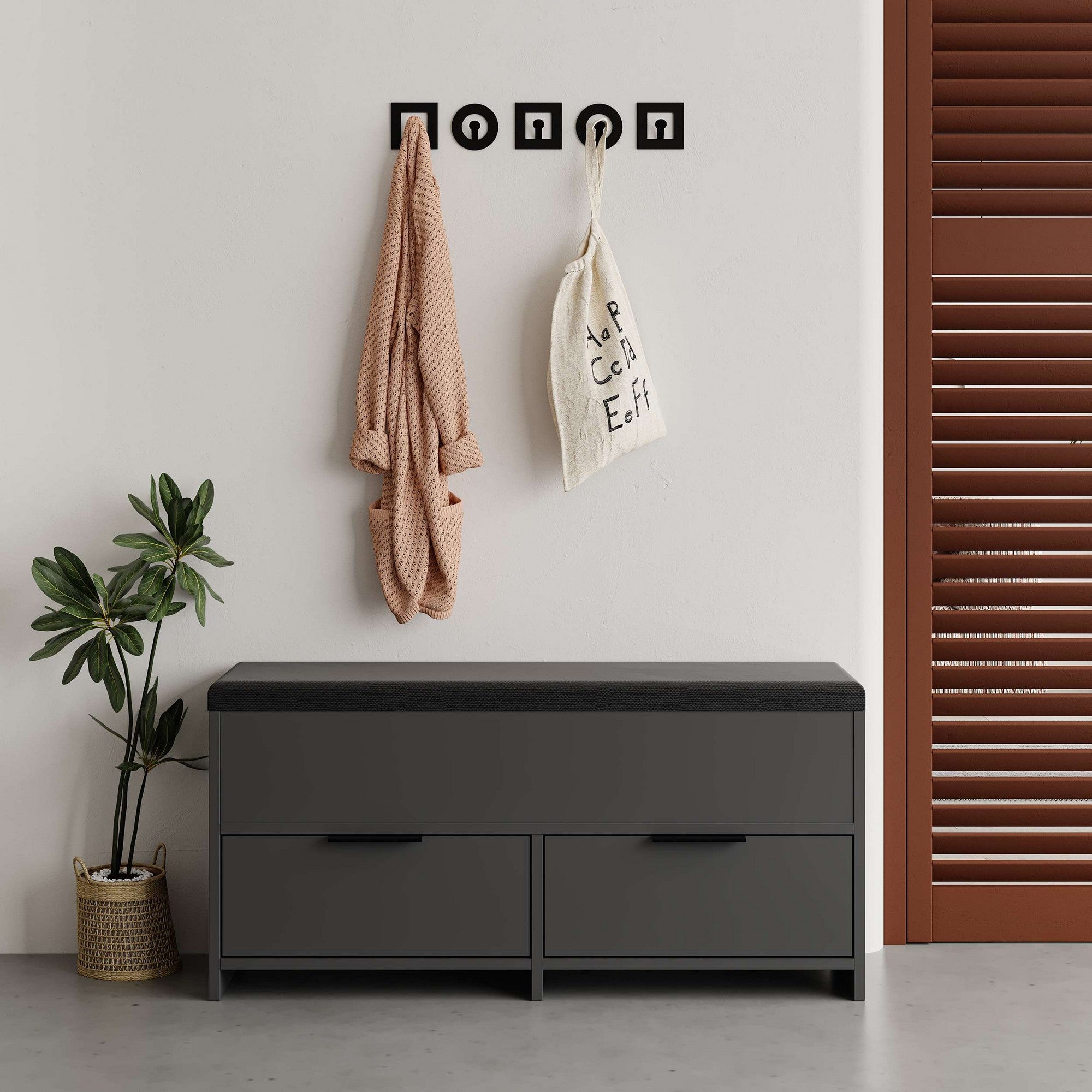 Sapateira estilosa, antracite, 106 x 50 x 34 cm | Painel de partículas 100% revestido em melamina, 18 mm de espessura | Montável na parede, dobradiças de fechamento suave, prateleiras amplas