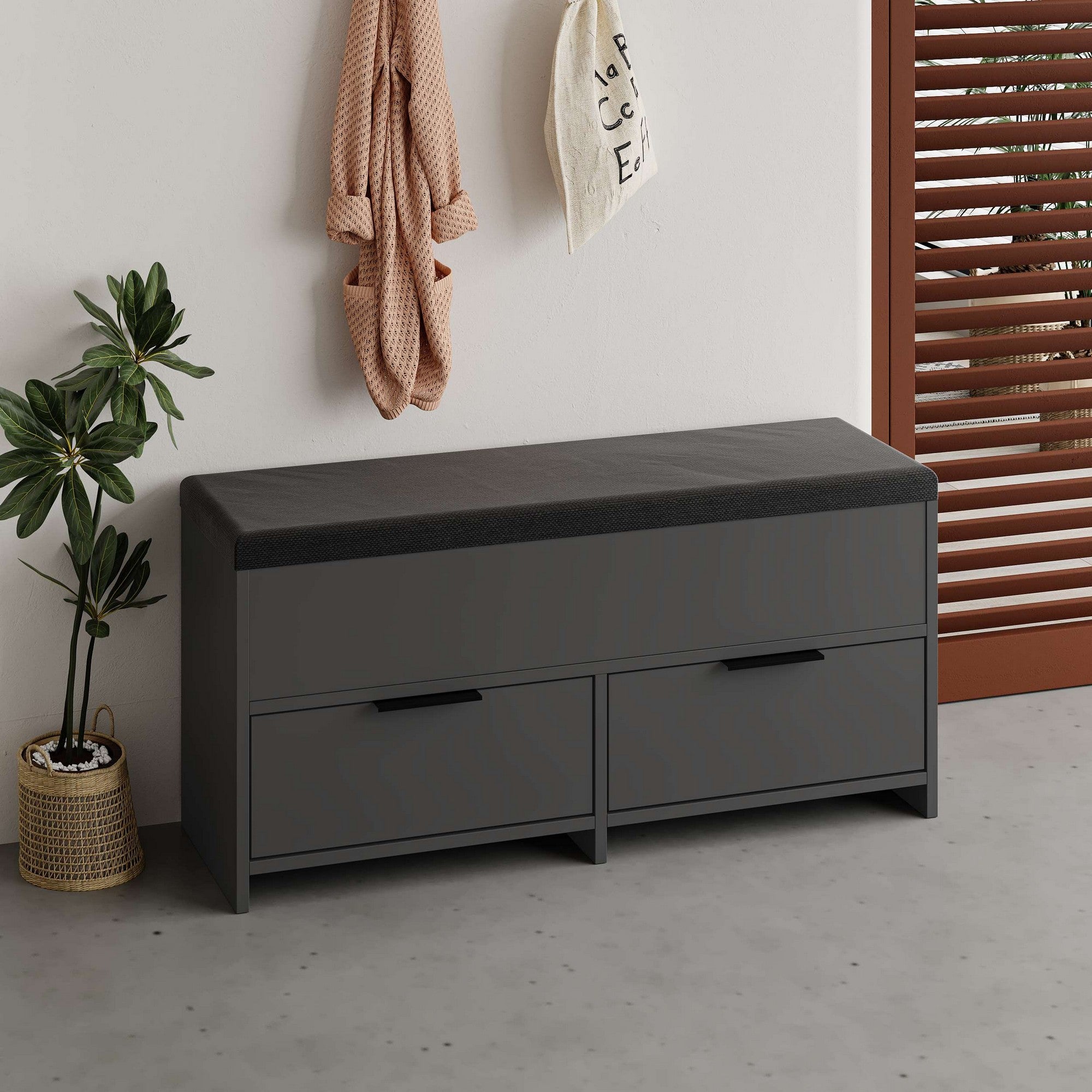 Sapateira estilosa, antracite, 106 x 50 x 34 cm | Painel de partículas 100% revestido em melamina, 18 mm de espessura | Montável na parede, dobradiças de fechamento suave, prateleiras amplas