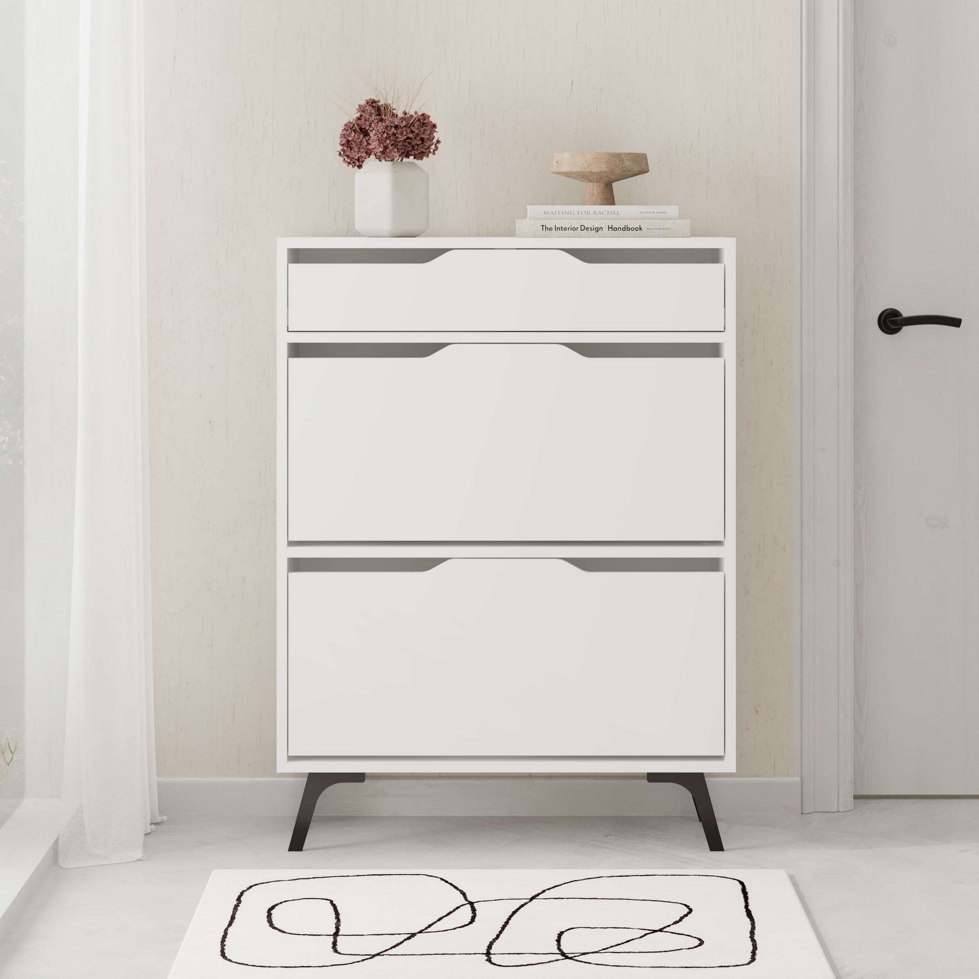 Elegante sapateira branca, 81,6 cm x 110 cm x 29,5 cm | Painel de partículas 100% revestido em melamina, 18 mm de espessura | Montável na parede com inúmeras prateleiras
