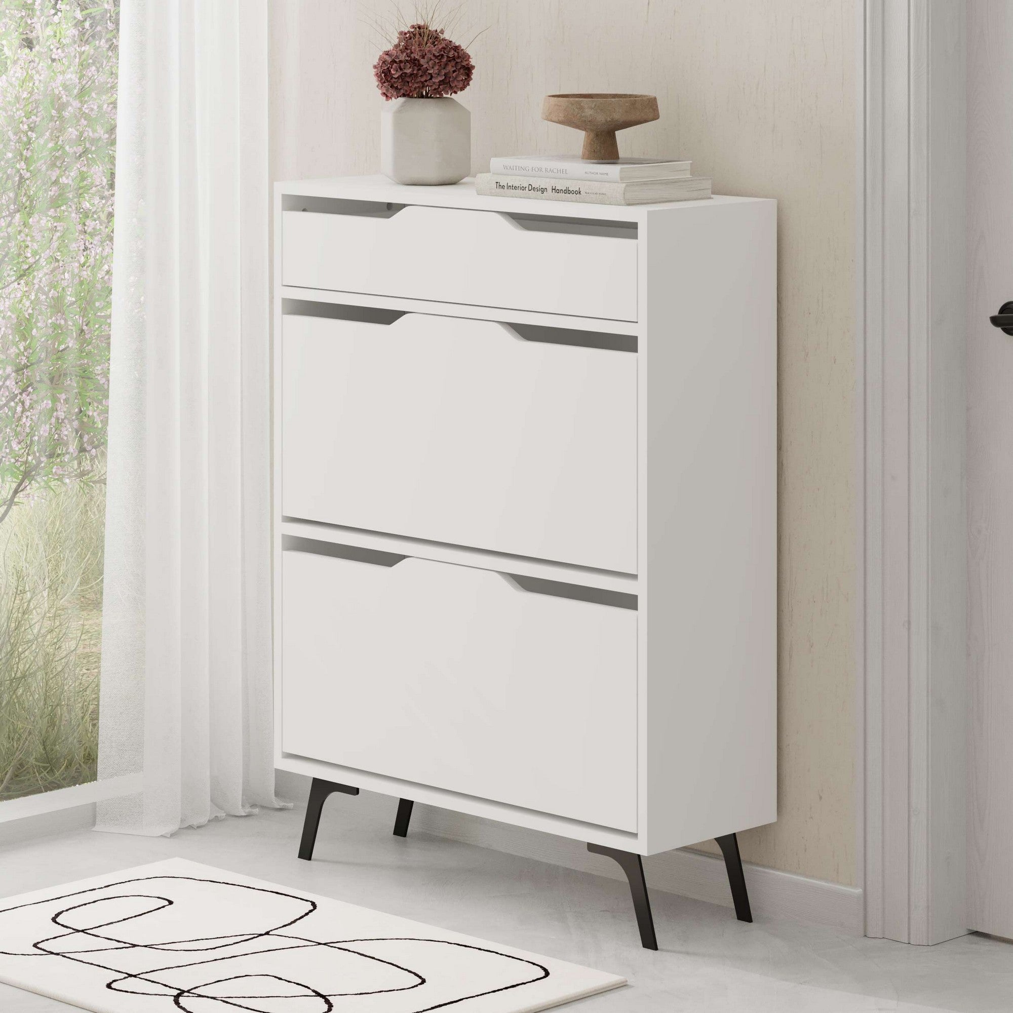 Elegante sapateira branca, 81,6 cm x 110 cm x 29,5 cm | Painel de partículas 100% revestido em melamina, 18 mm de espessura | Montável na parede com inúmeras prateleiras