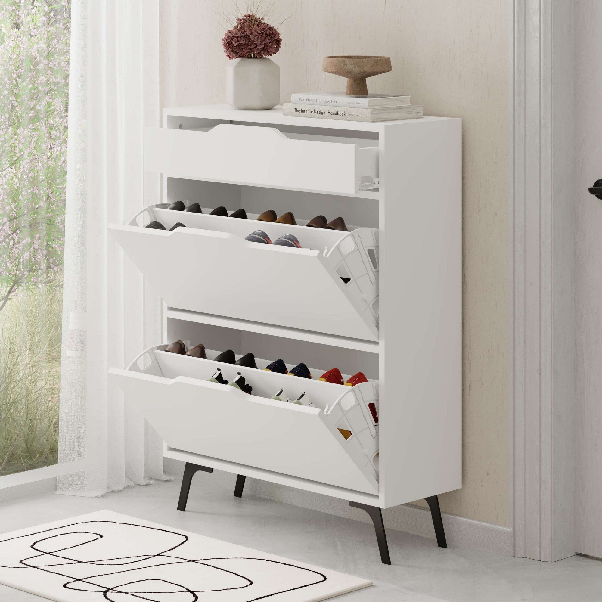 Elegante sapateira branca, 81,6 cm x 110 cm x 29,5 cm | Painel de partículas 100% revestido em melamina, 18 mm de espessura | Montável na parede com inúmeras prateleiras