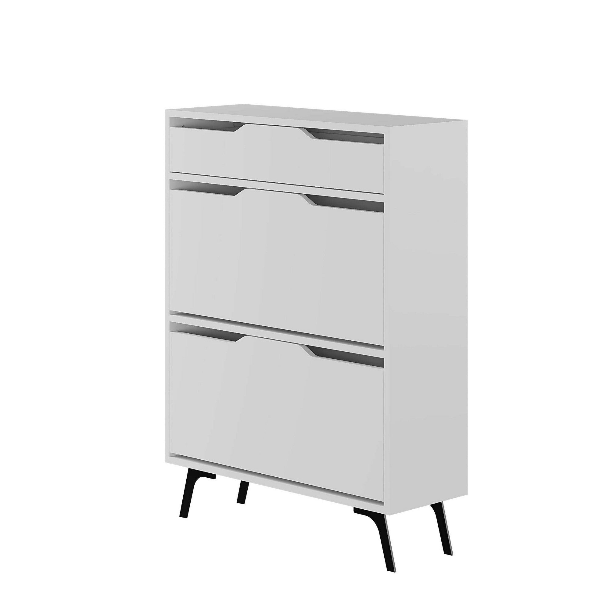 Elegante sapateira branca, 81,6 cm x 110 cm x 29,5 cm | Painel de partículas 100% revestido em melamina, 18 mm de espessura | Montável na parede com inúmeras prateleiras