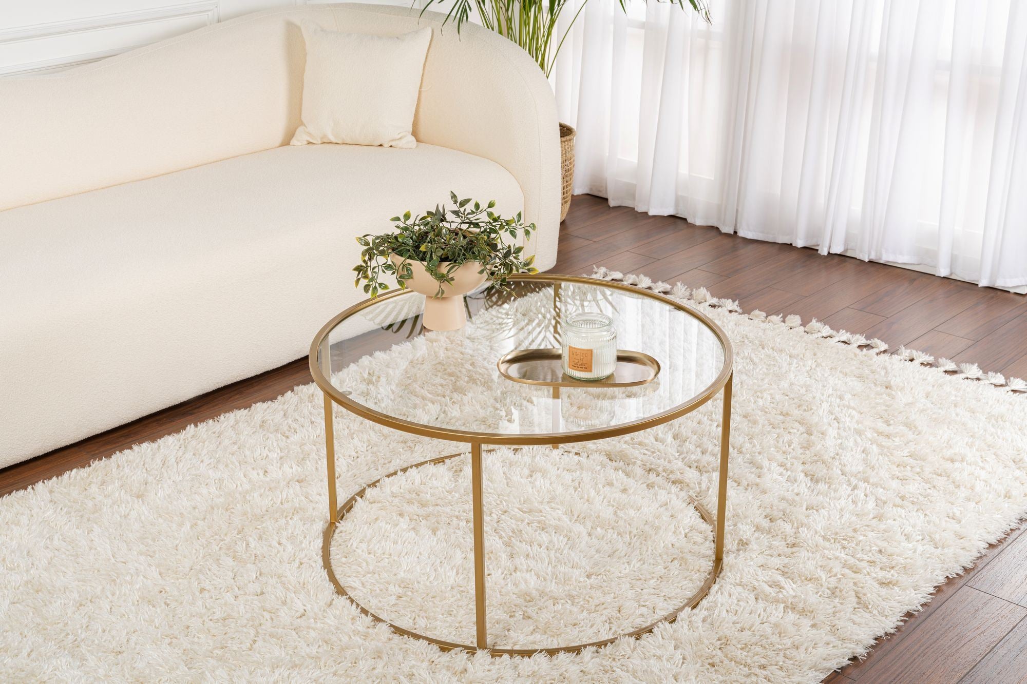 Mesa de Centro Elegante com Estrutura 100% em Vidro Temperado e Metal, 80 x 80 x 43 cm | Dourado e Transparente | Uma Adição Elegante para Salas de Estar Modernas