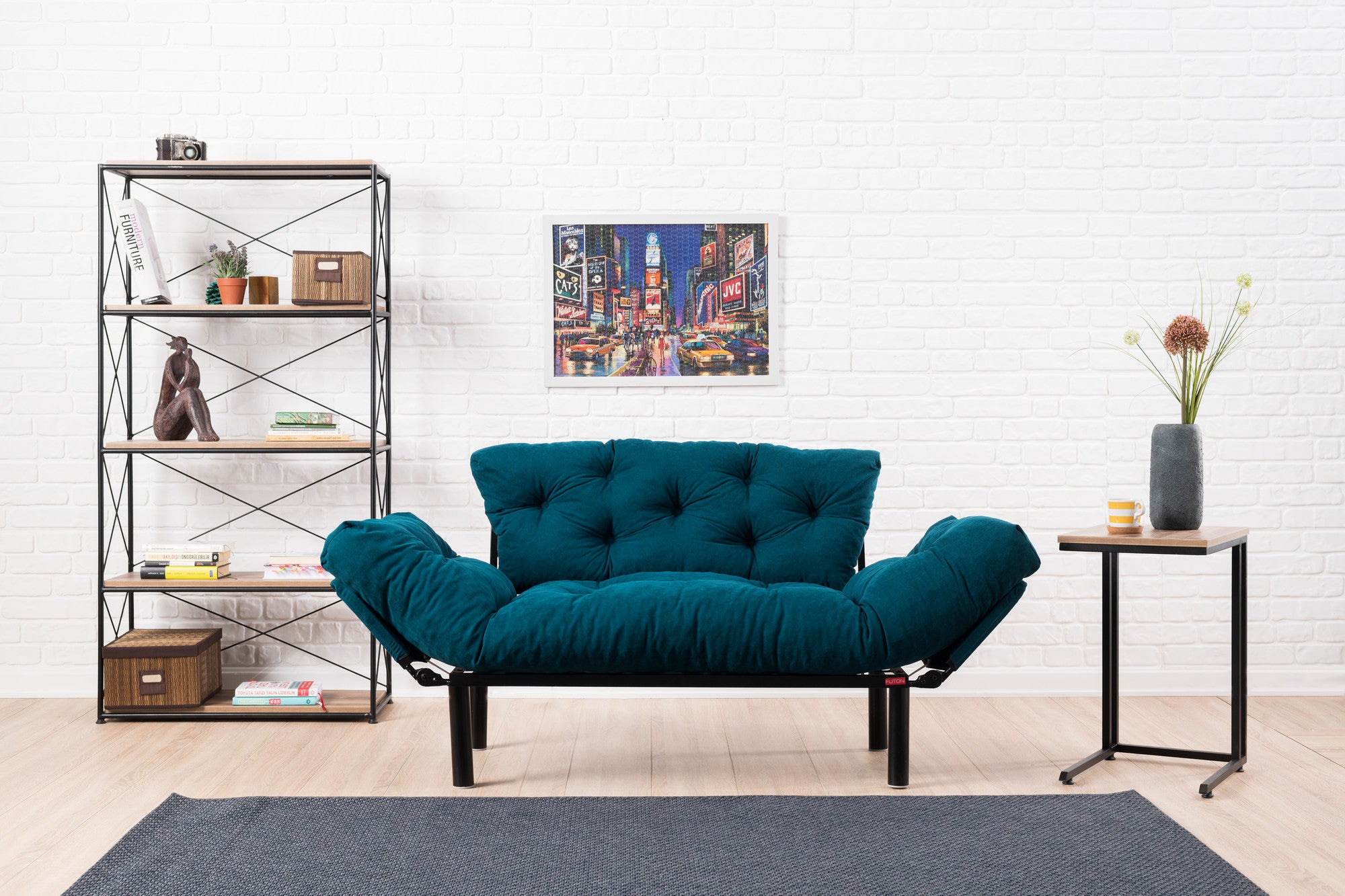 Sofá-cama de 2 lugares azul-petróleo, estrutura 100% metálica, tecido de microfibra, 155 cm | Espuma de alto DNS, fácil de limpar, peso máximo de 200 kg | Design elegante e funcional