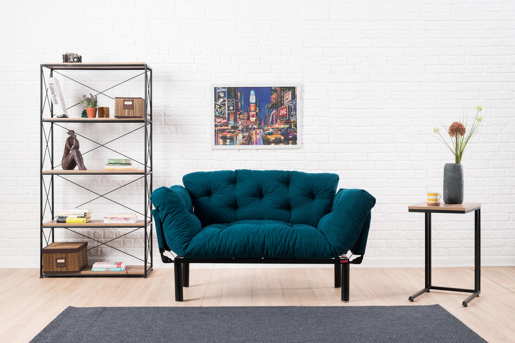 Sofá-cama de 2 lugares azul-petróleo, estrutura 100% metálica, tecido de microfibra, 155 cm | Espuma de alto DNS, fácil de limpar, peso máximo de 200 kg | Design elegante e funcional