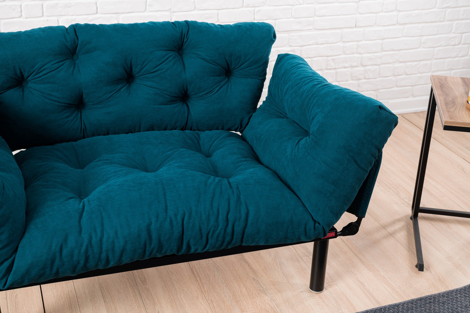 Sofá-cama de 2 lugares azul-petróleo, estrutura 100% metálica, tecido de microfibra, 155 cm | Espuma de alto DNS, fácil de limpar, peso máximo de 200 kg | Design elegante e funcional