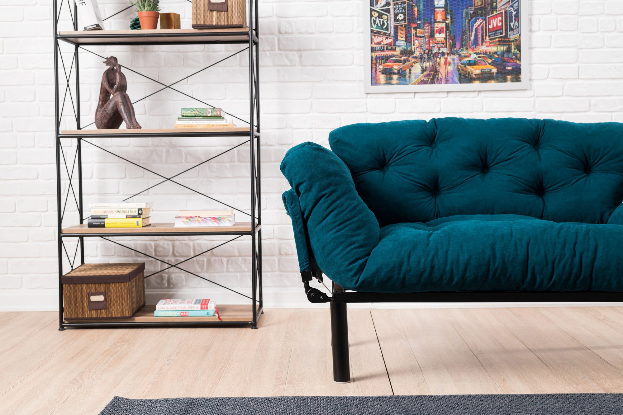 Sofá-cama de 2 lugares azul-petróleo, estrutura 100% metálica, tecido de microfibra, 155 cm | Espuma de alto DNS, fácil de limpar, peso máximo de 200 kg | Design elegante e funcional