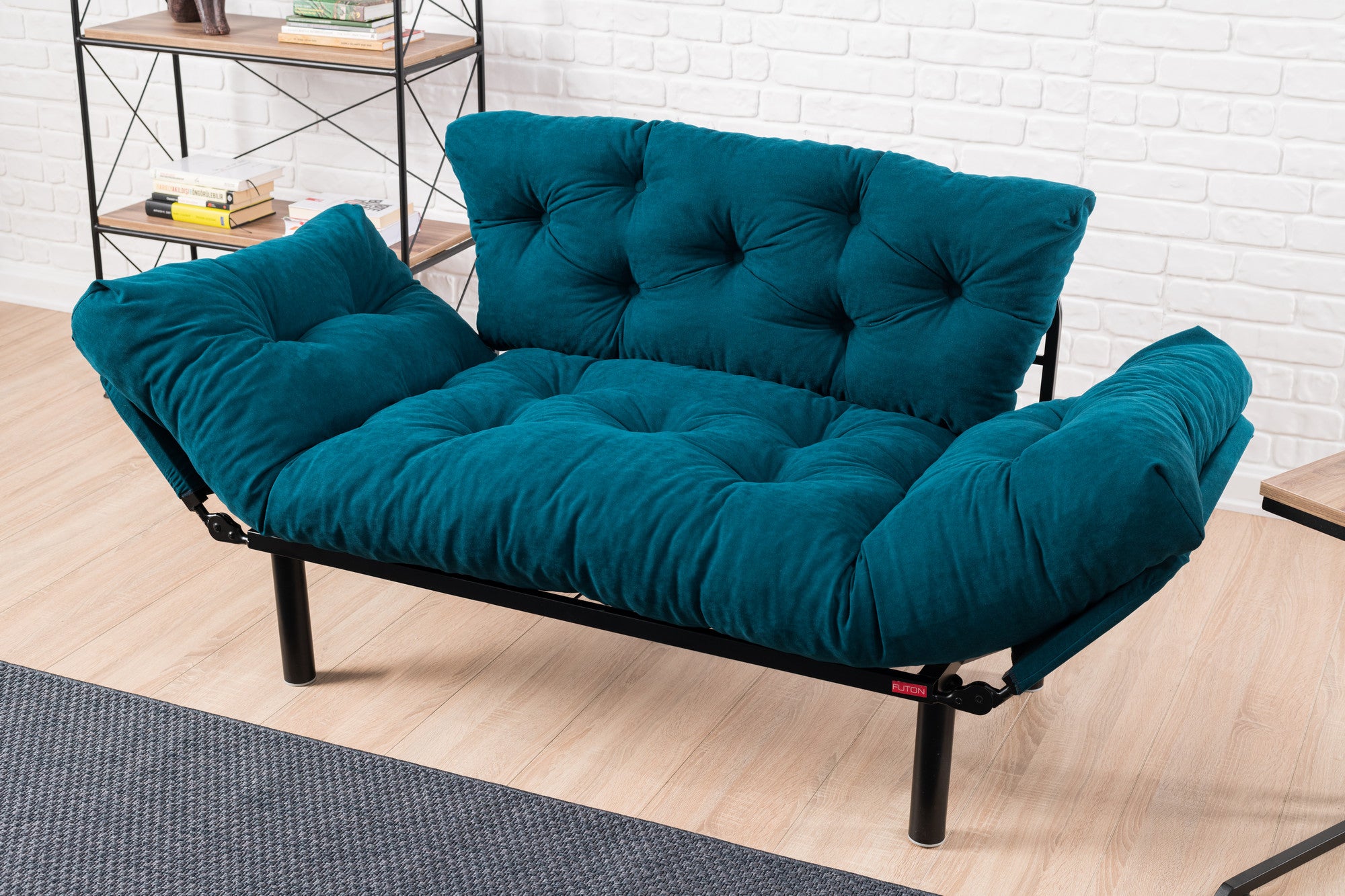 Sofá-cama de 2 lugares azul-petróleo, estrutura 100% metálica, tecido de microfibra, 155 cm | Espuma de alto DNS, fácil de limpar, peso máximo de 200 kg | Design elegante e funcional