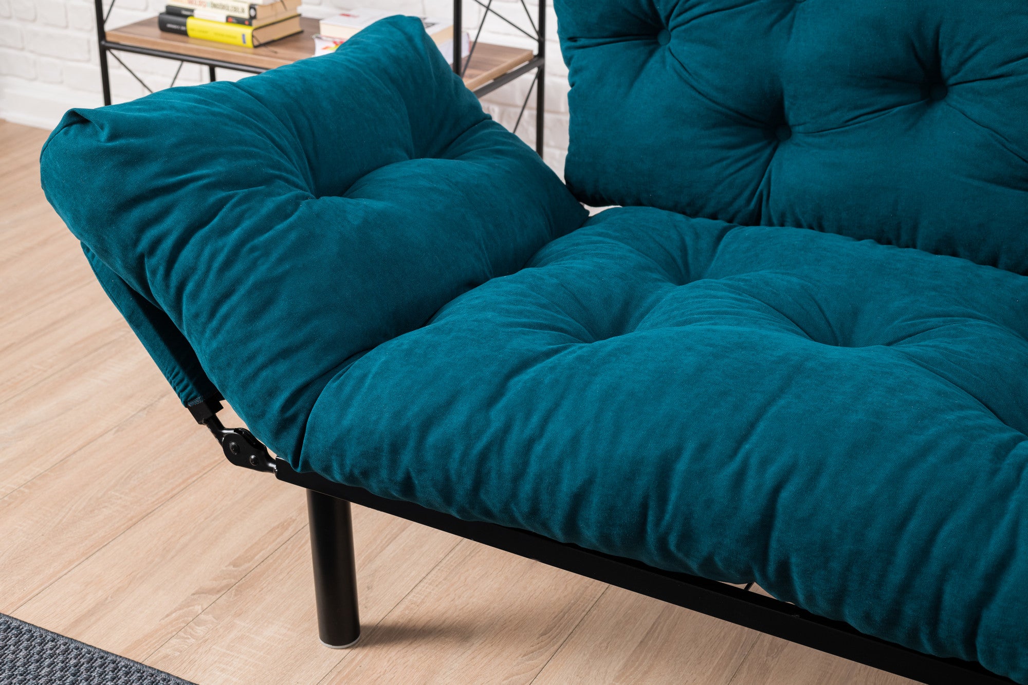 Sofá-cama de 2 lugares azul-petróleo, estrutura 100% metálica, tecido de microfibra, 155 cm | Espuma de alto DNS, fácil de limpar, peso máximo de 200 kg | Design elegante e funcional
