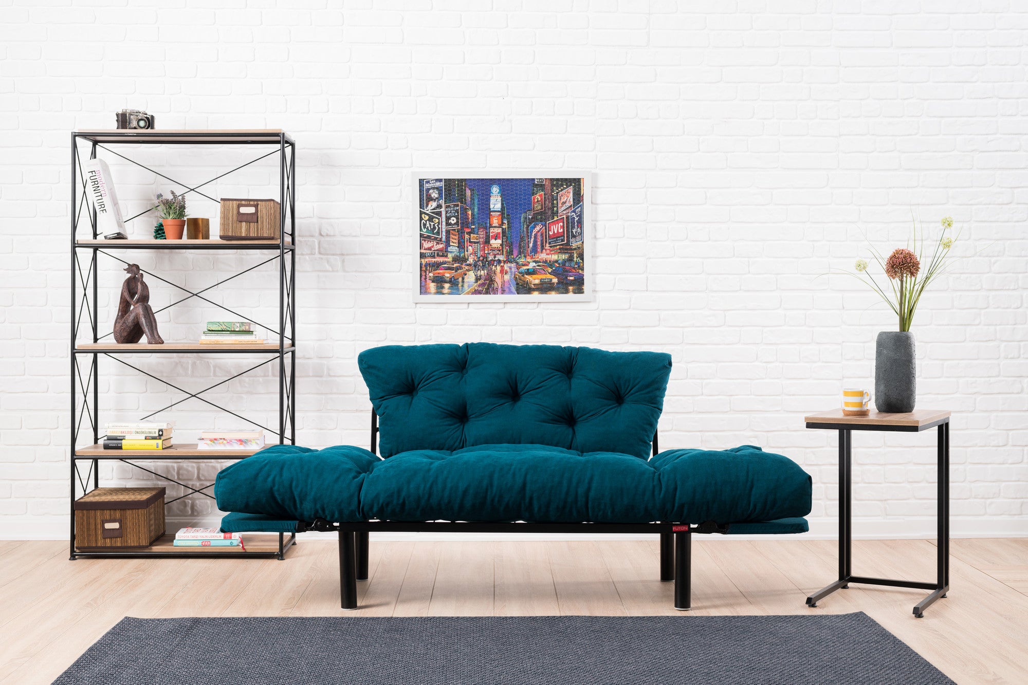 Sofá-cama de 2 lugares azul-petróleo, estrutura 100% metálica, tecido de microfibra, 155 cm | Espuma de alto DNS, fácil de limpar, peso máximo de 200 kg | Design elegante e funcional