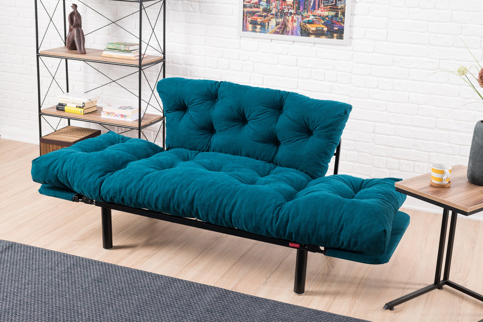 Sofá-cama de 2 lugares azul-petróleo, estrutura 100% metálica, tecido de microfibra, 155 cm | Espuma de alto DNS, fácil de limpar, peso máximo de 200 kg | Design elegante e funcional