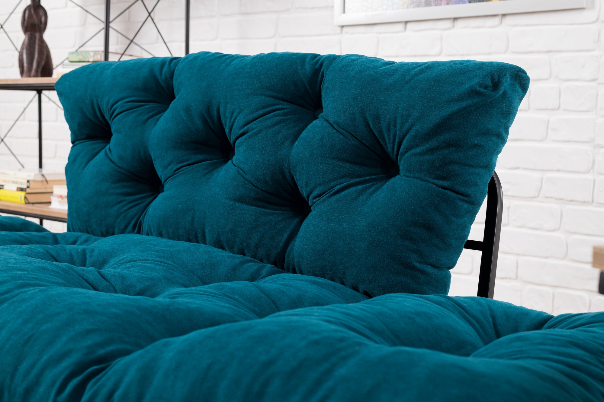 Sofá-cama de 2 lugares azul-petróleo, estrutura 100% metálica, tecido de microfibra, 155 cm | Espuma de alto DNS, fácil de limpar, peso máximo de 200 kg | Design elegante e funcional