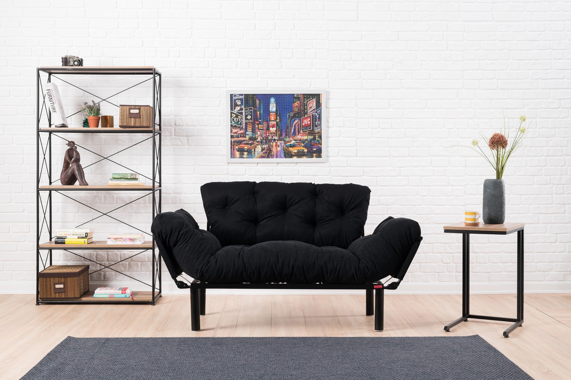 Sofá-cama elegante de 2 lugares, microfibra preta, 155 cm | Estrutura 100% metálica, espuma de alto DNS, fácil de limpar | Perfeito para espaços modernos, boêmios e industriais
