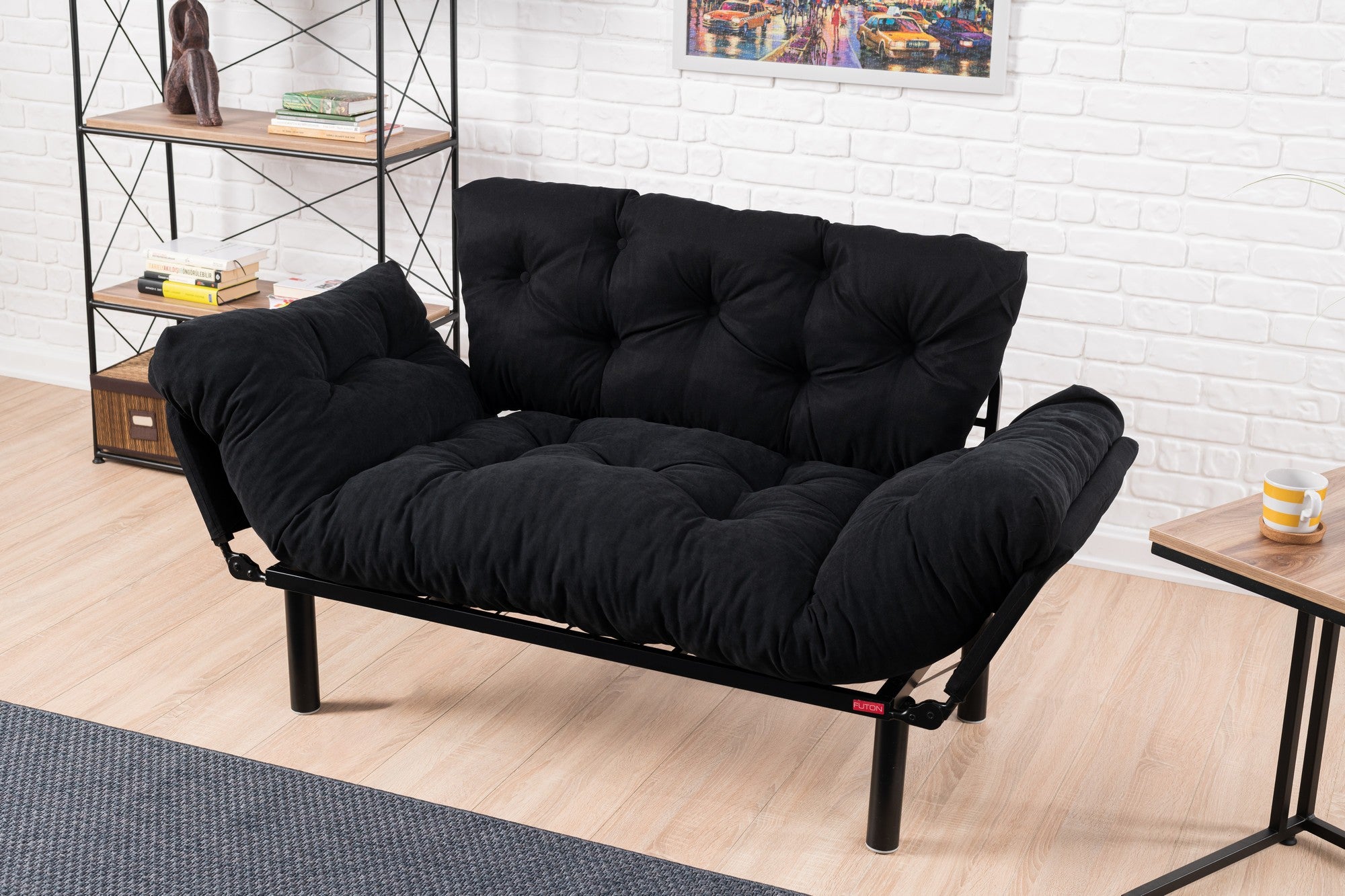 Sofá-cama elegante de 2 lugares, microfibra preta, 155 cm | Estrutura 100% metálica, espuma de alto DNS, fácil de limpar | Perfeito para espaços modernos, boêmios e industriais