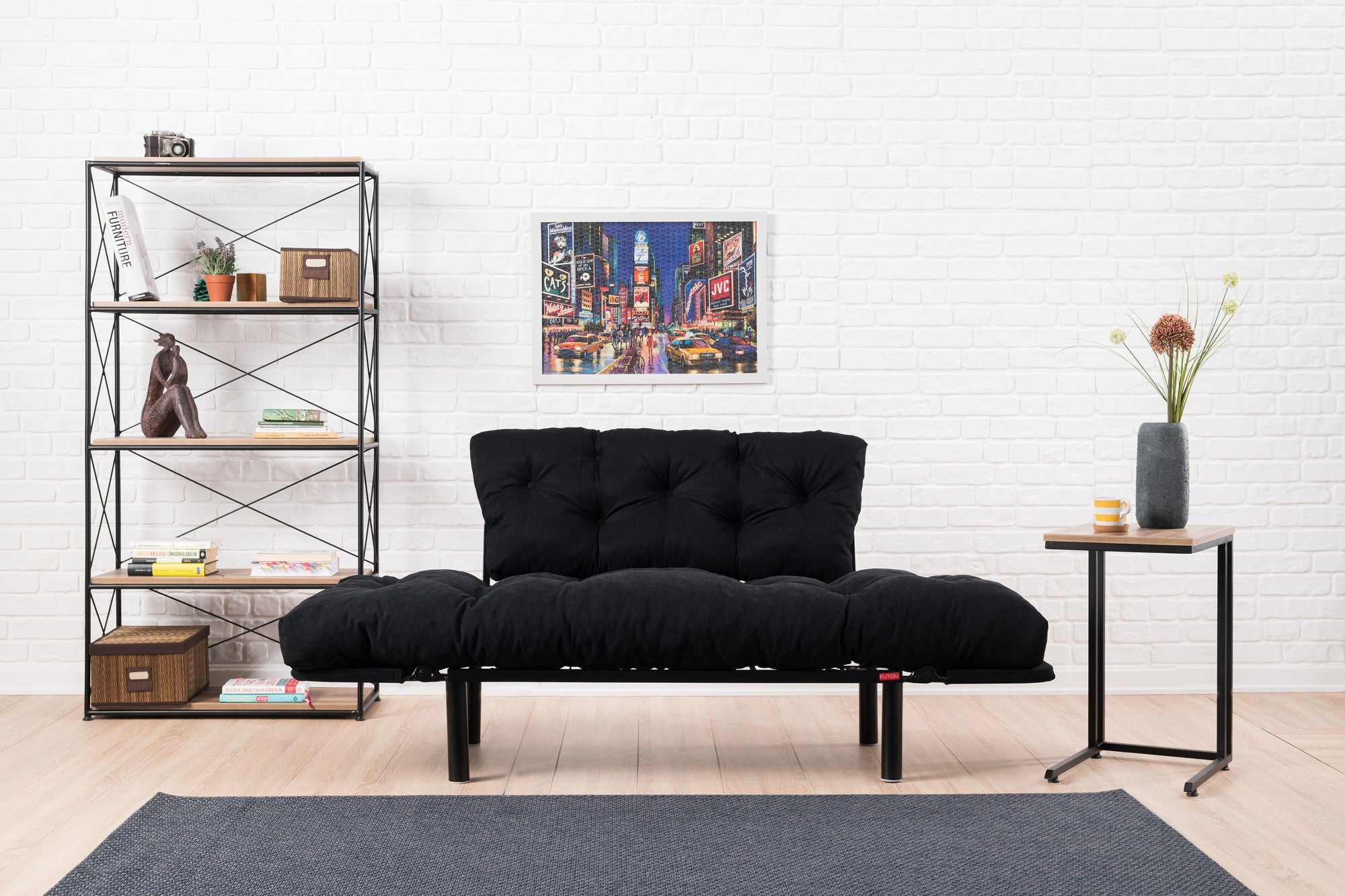 Sofá-cama elegante de 2 lugares, microfibra preta, 155 cm | Estrutura 100% metálica, espuma de alto DNS, fácil de limpar | Perfeito para espaços modernos, boêmios e industriais