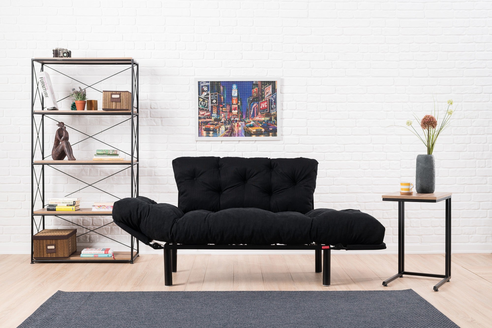 Sofá-cama elegante de 2 lugares, microfibra preta, 155 cm | Estrutura 100% metálica, espuma de alto DNS, fácil de limpar | Perfeito para espaços modernos, boêmios e industriais
