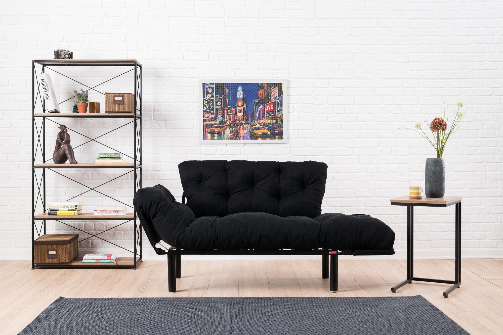 Sofá-cama elegante de 2 lugares, microfibra preta, 155 cm | Estrutura 100% metálica, espuma de alto DNS, fácil de limpar | Perfeito para espaços modernos, boêmios e industriais