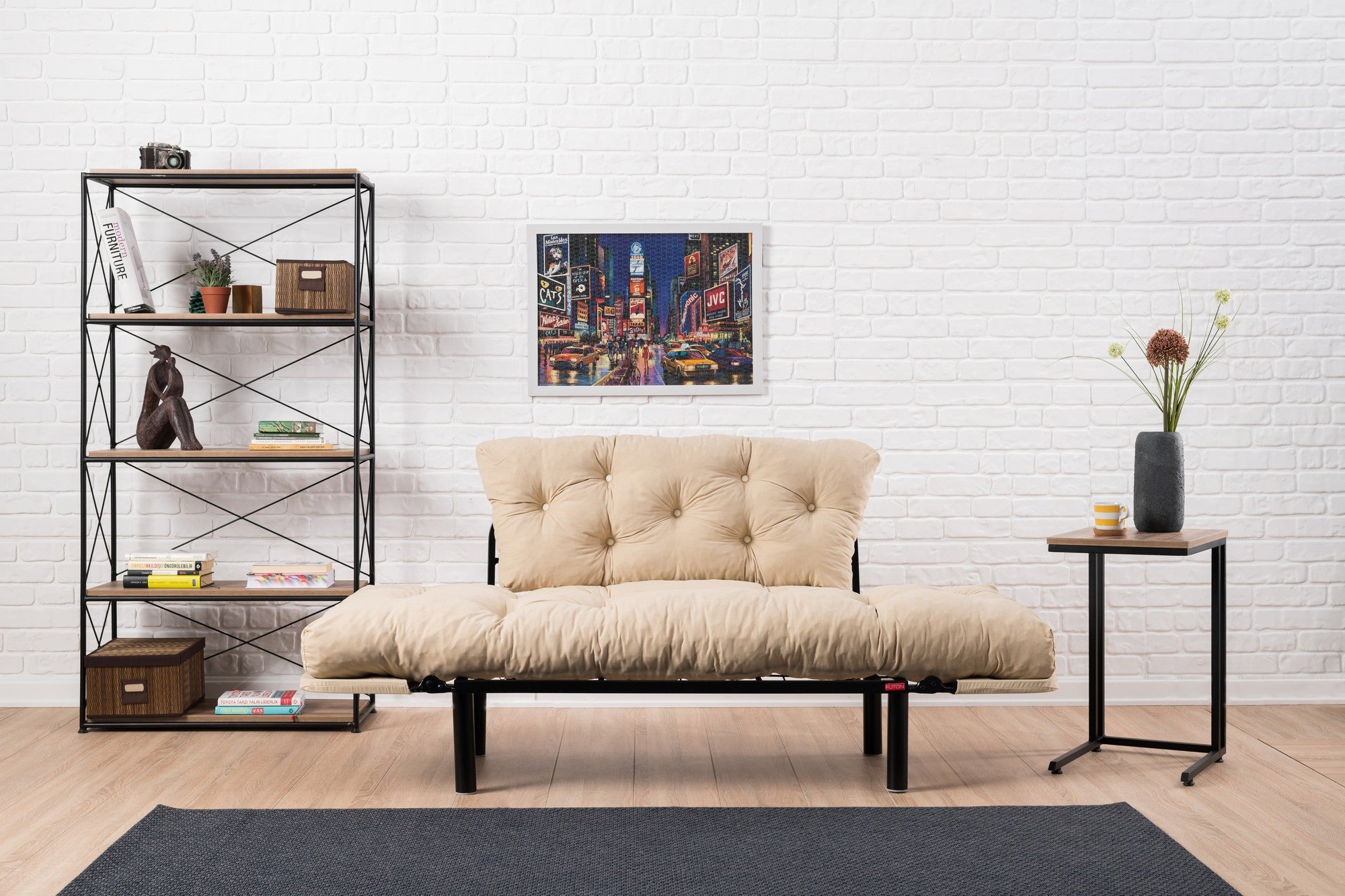 Sofá-cama elegante de 2 lugares, microfibra creme, 155 cm | Estrutura 100% metálica, espuma de alto DNS, fácil de limpar | Perfeito para espaços modernos, boêmios e industriais