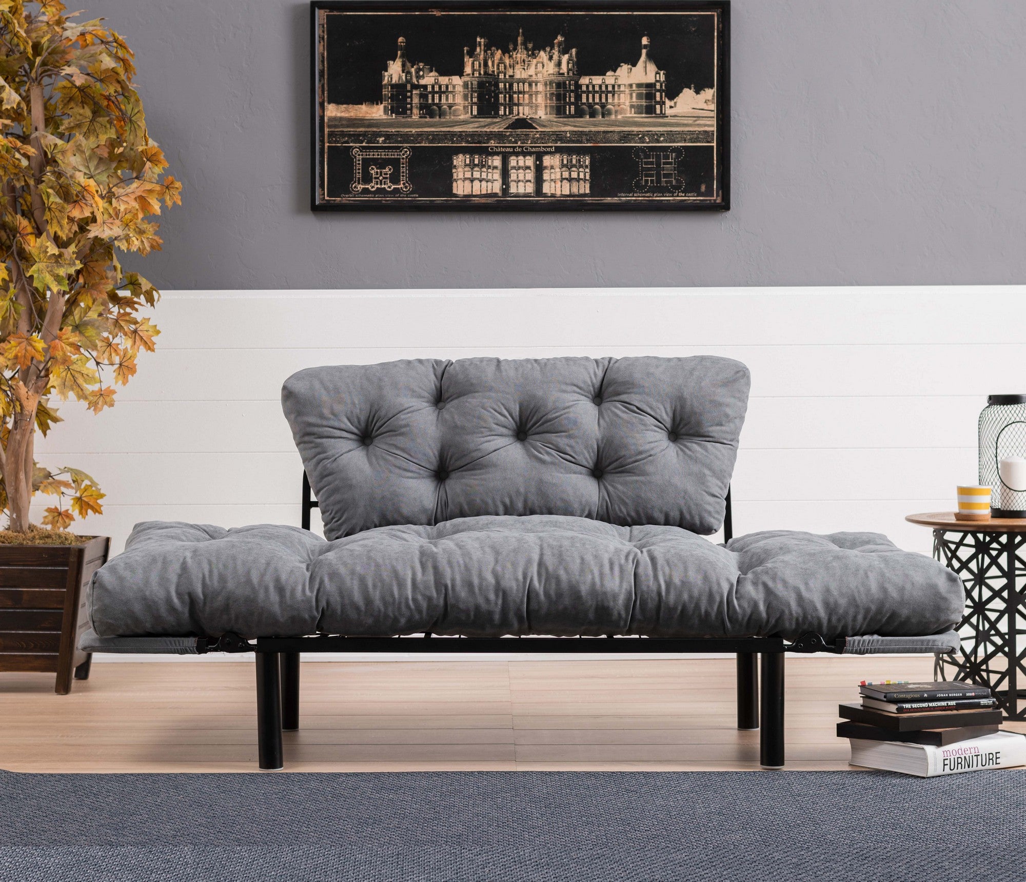 Sofá-cama elegante de 2 lugares, microfibra cinza, 155 cm | Estrutura 100% metálica, espuma de alto DNS, fácil de limpar | Perfeito para espaços modernos, boêmios e industriais