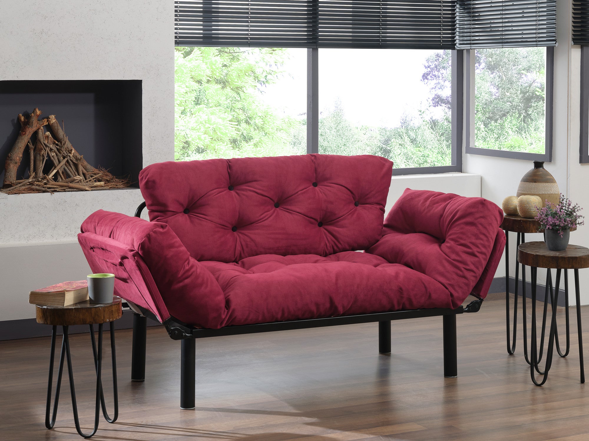 Sofá-cama elegante de 2 lugares, marrom, 155 x 80 x 70 cm | Estrutura 100% metálica, tecido fácil de limpar, espuma de alta densidade, peso máximo de 200 kg | Perfeito para decoração boêmia e industrial