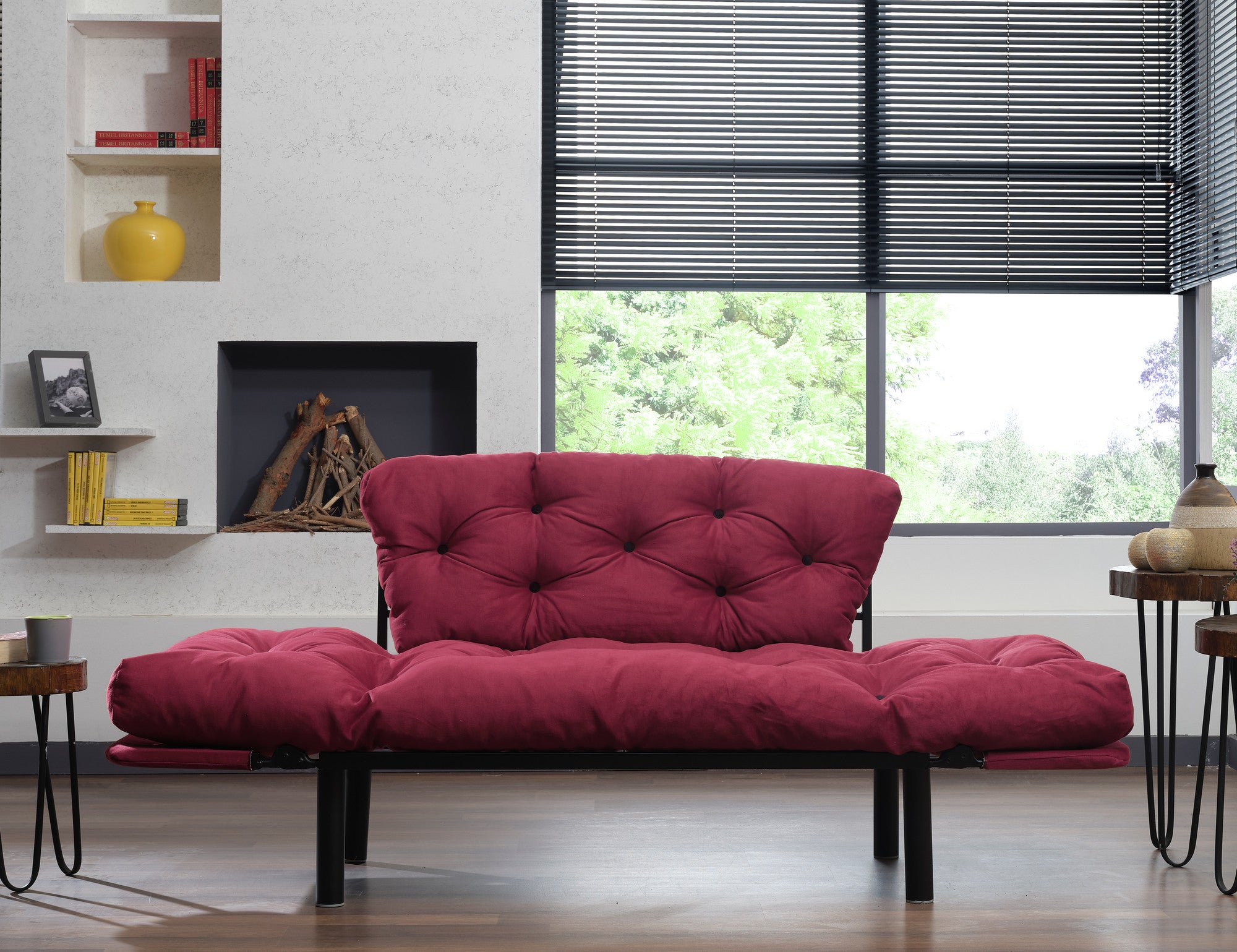 Sofá-cama elegante de 2 lugares, marrom, 155 x 80 x 70 cm | Estrutura 100% metálica, tecido fácil de limpar, espuma de alta densidade, peso máximo de 200 kg | Perfeito para decoração boêmia e industrial
