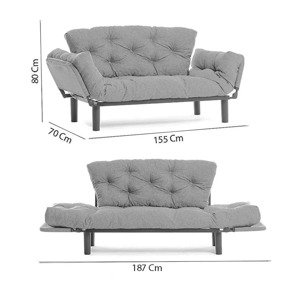 Sofá-cama elegante de 2 lugares, marrom, 155 x 80 x 70 cm | Estrutura 100% metálica, tecido fácil de limpar, espuma de alta densidade, peso máximo de 200 kg | Perfeito para decoração boêmia e industrial
